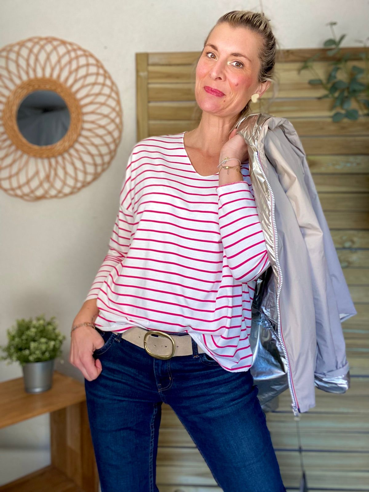 Pull fin rayé col V avec ou sans coeur doré 💛 NOLWENN - Rose fuschia