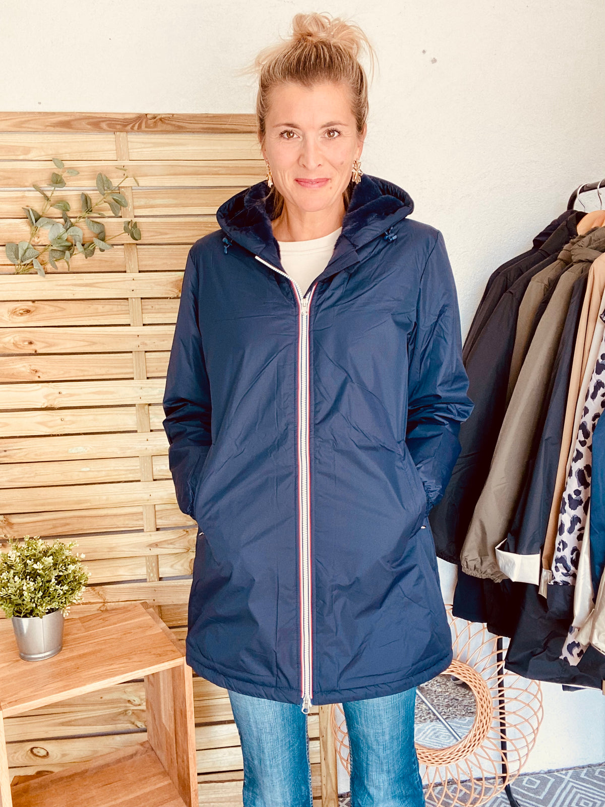 LAURA JO - Parka Imperméable LOUISE LONG fourré - Bleu Marine • DÉSTOCKAGE Taille S