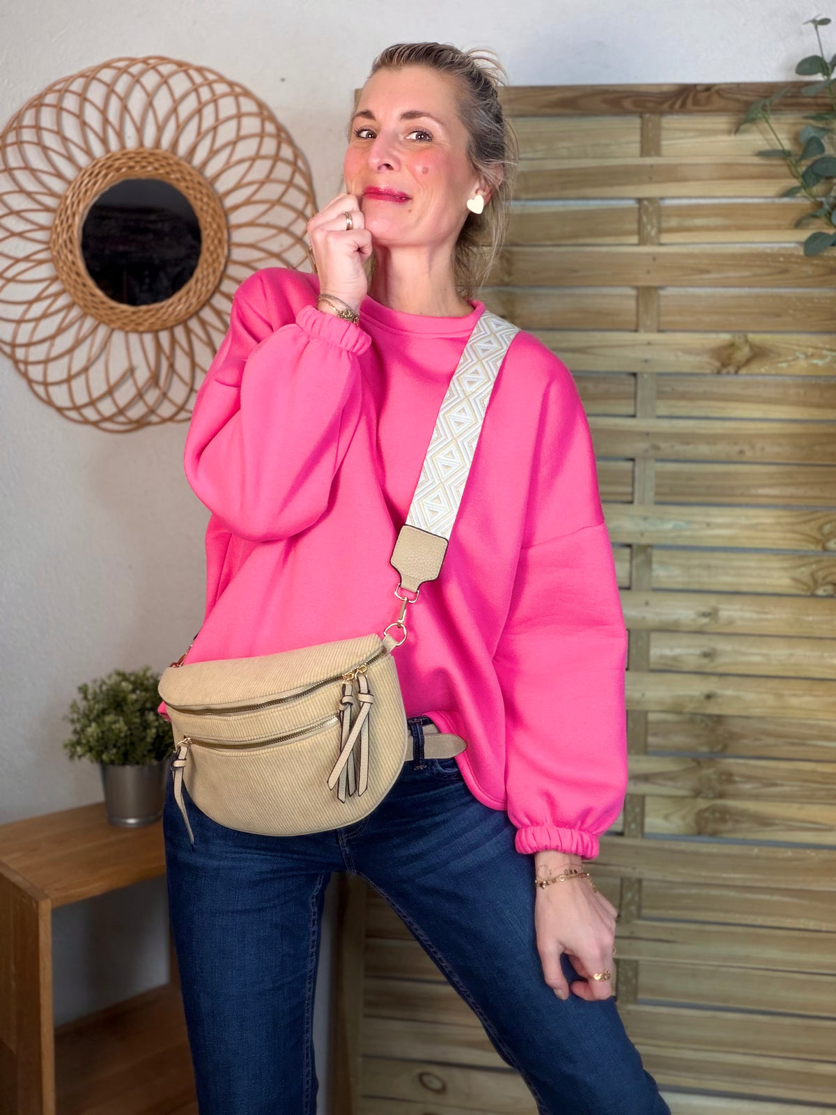 Sac banane en velours côtelé, sangle fantaisie - KATY - Camel clair - FIN DE SÉRIE