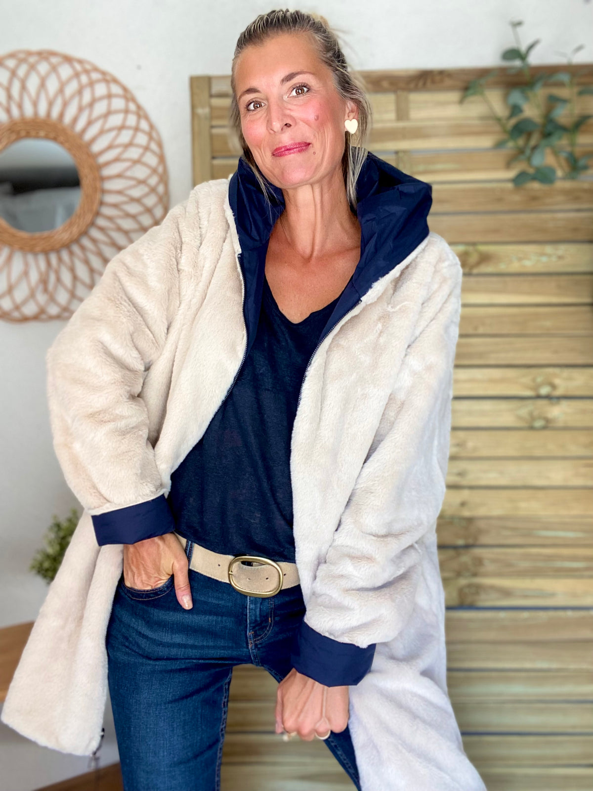 LAURA JO - Parka Imperméable réversible fourrée Bleu marine / Beige ALIX Long