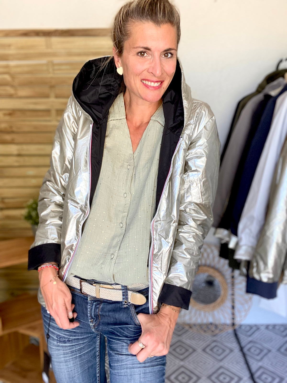 LAURA JO - Imperméable réversible rembourré LOUISON COURT - Noir/Doré • DÉSTOCKAGE sur Taille XL