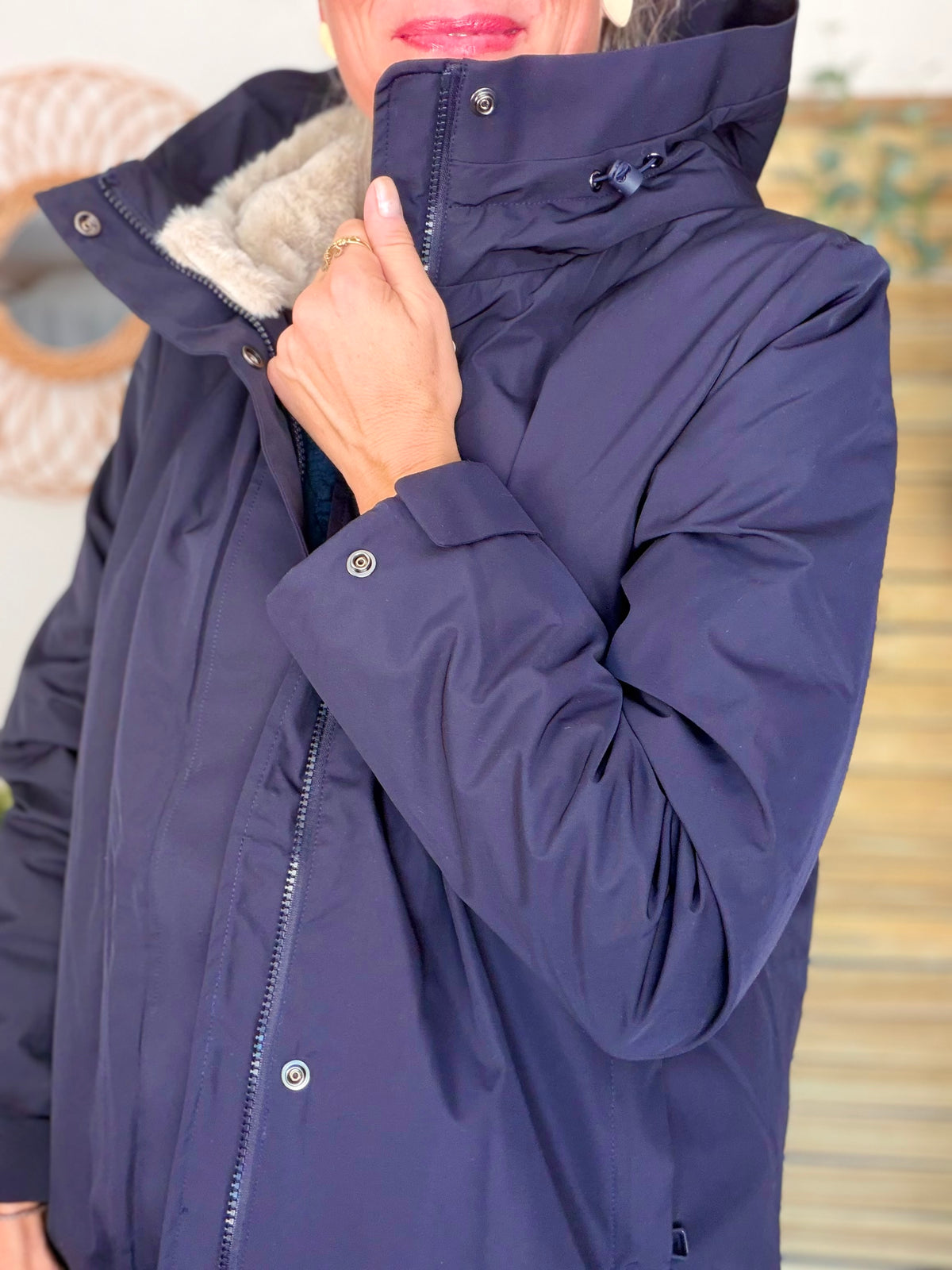LAURA JO - Parka fourrée imperméable AMBRE MI-LONG - Bleu marine / Beige