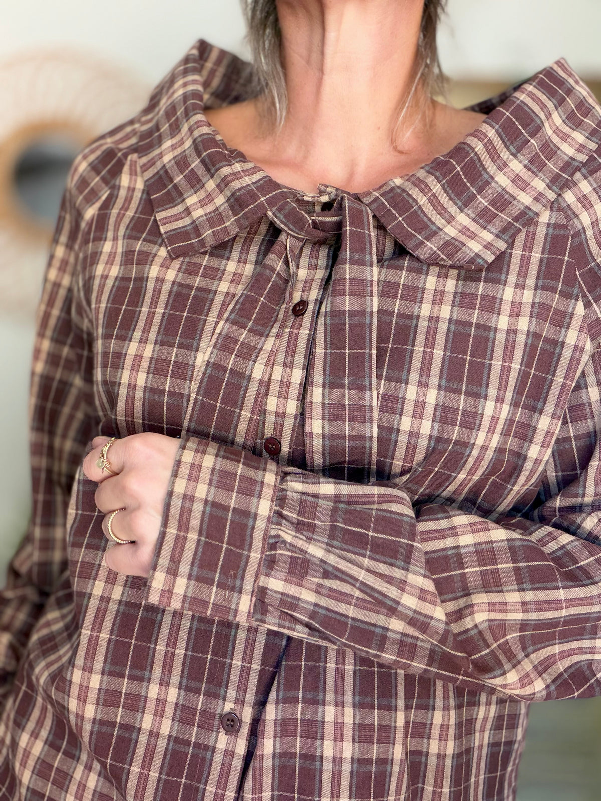 Chemise motif tartan prune col lavallière large LUCILE