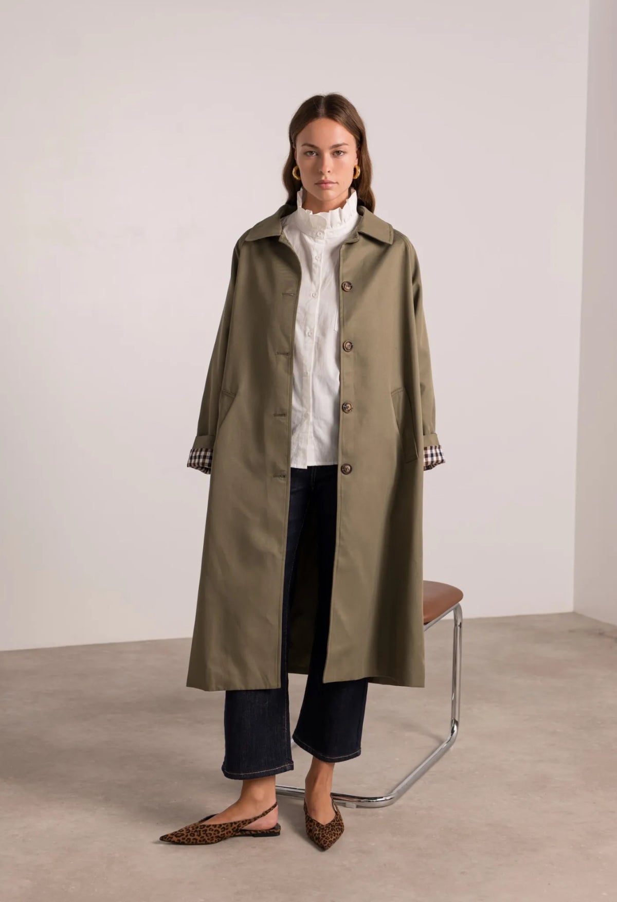 Veste Trench en coton, revers carreaux - YSEULT long Kaki
