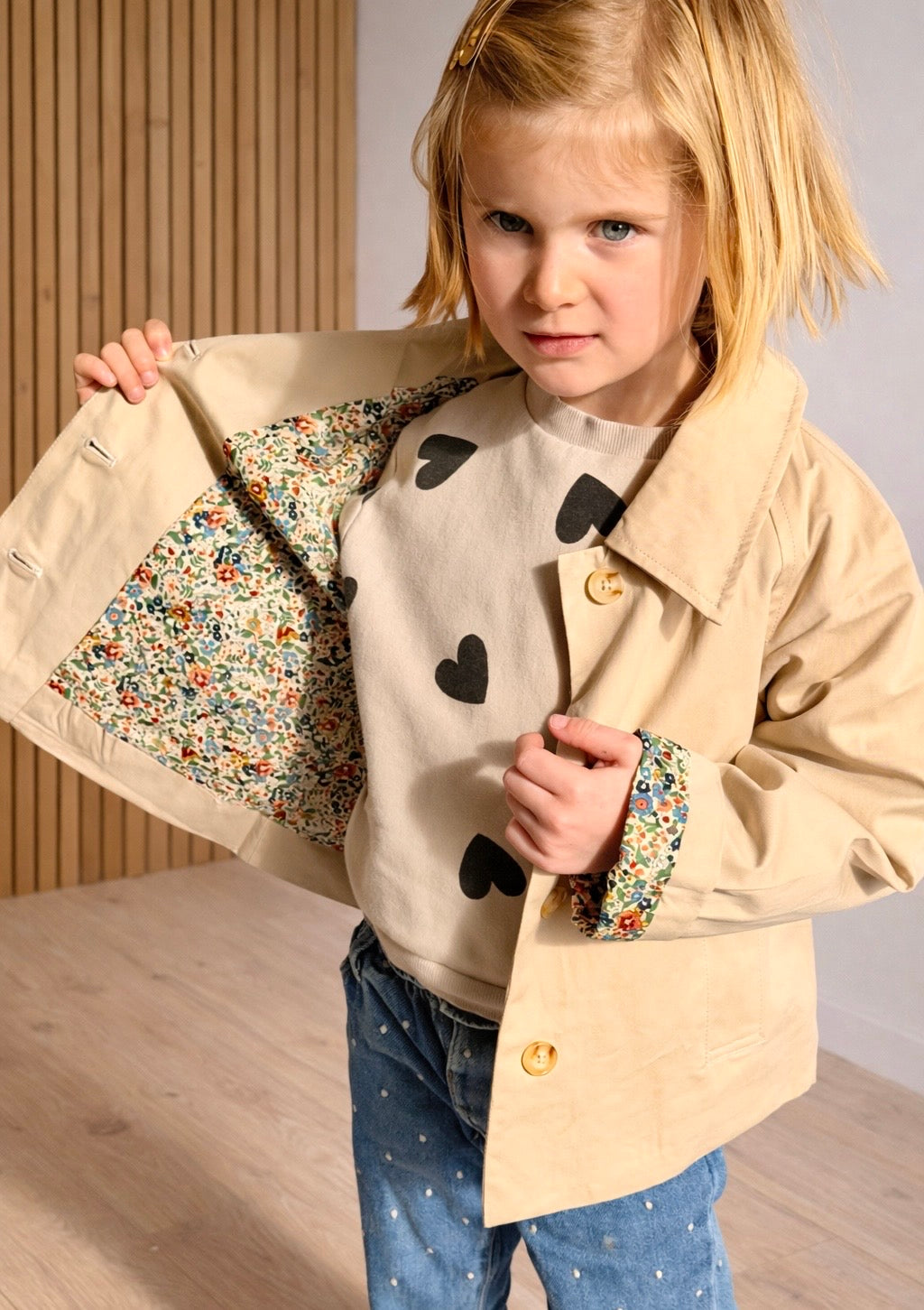 Veste Trench en coton beige avec Liberty - MARION (Taille 2 ans à la Taille XL)