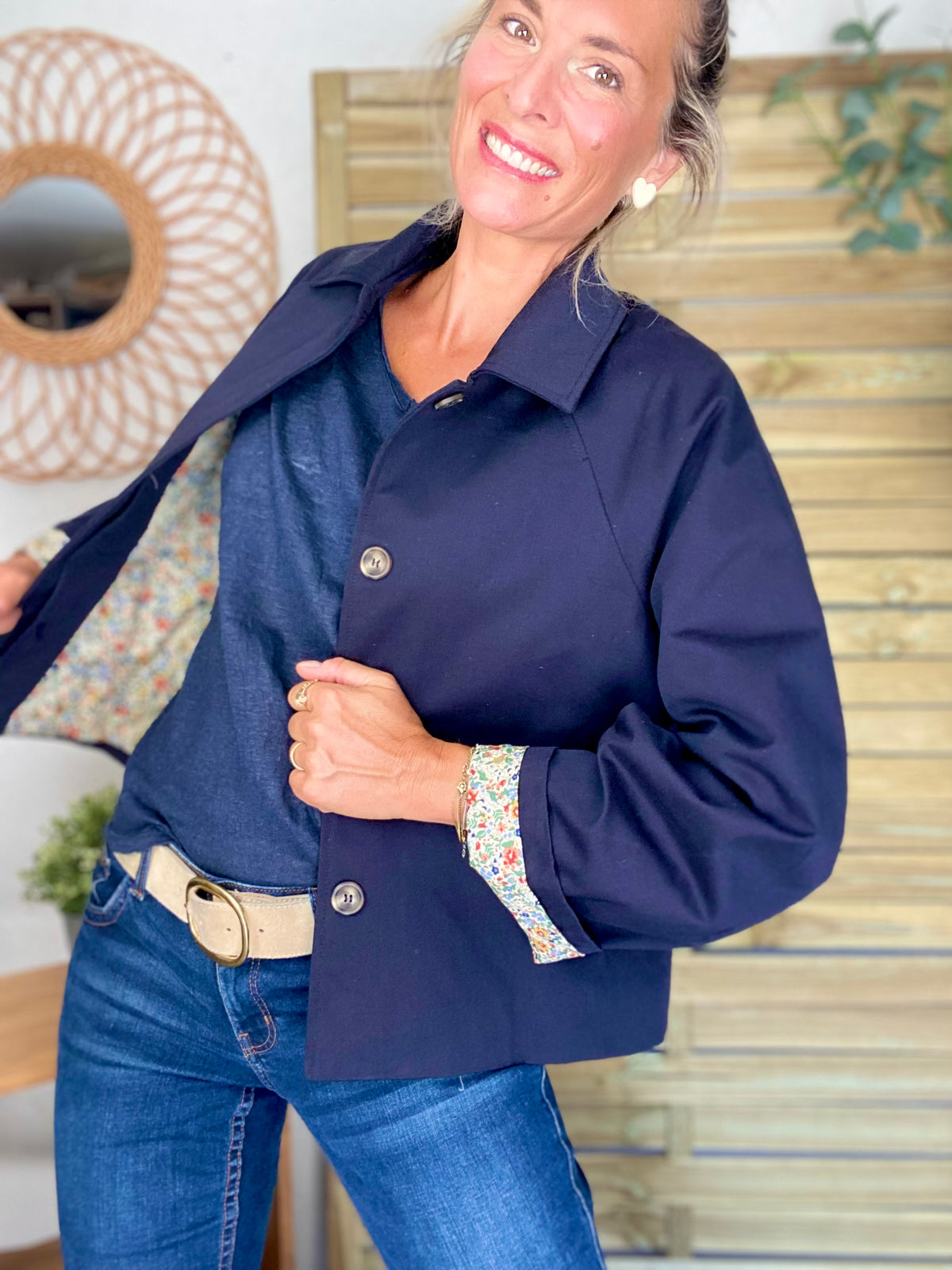 Veste Trench en coton bleu marine avec Liberty - MAHAUT- LILI et LALA