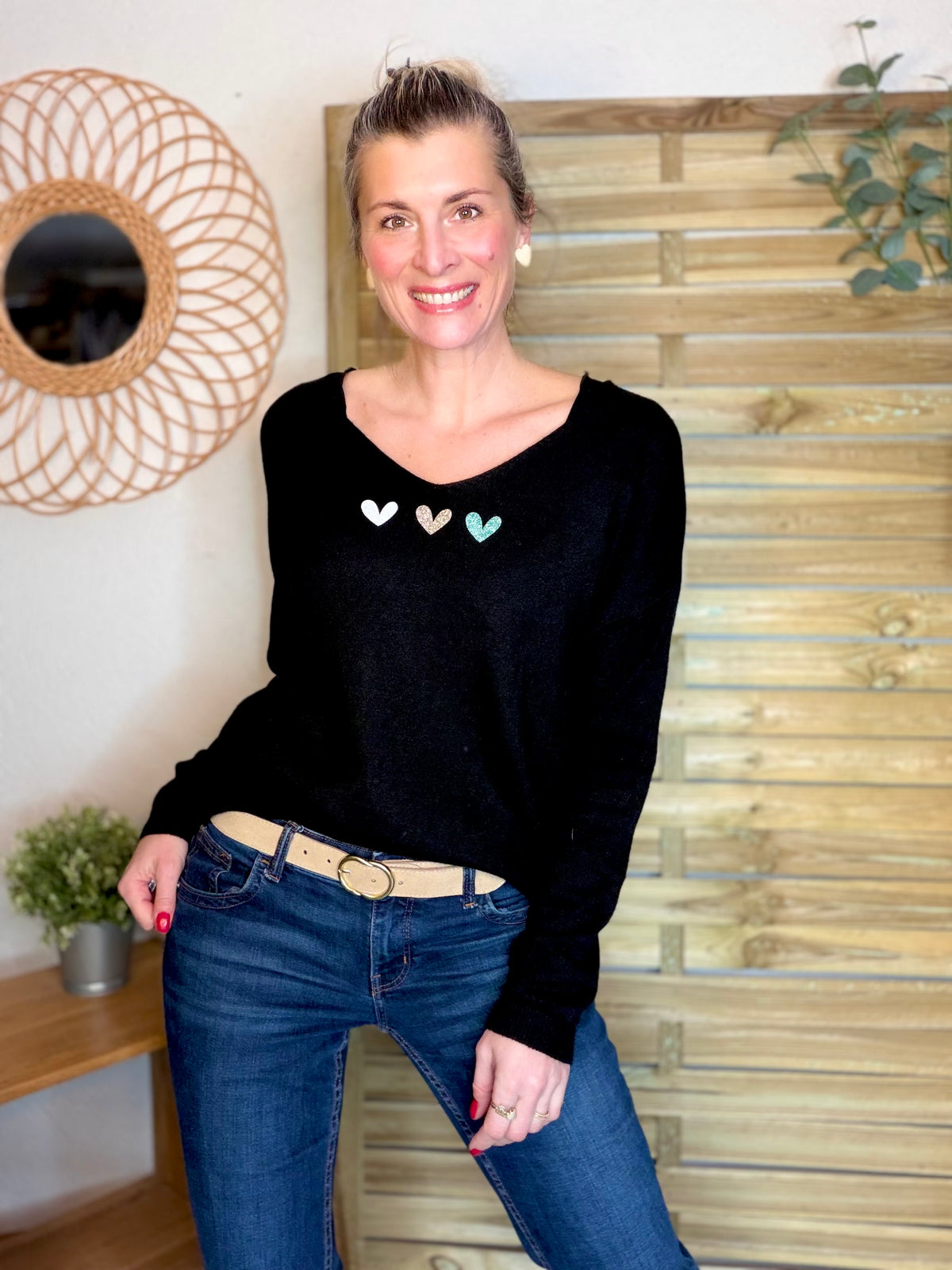Pull fin 3 cœurs 💛 BERTILLE - Noir - FIN DE SÉRIE