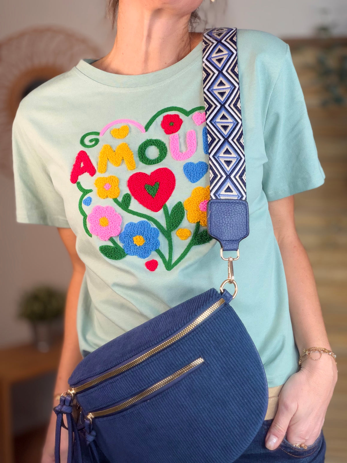 Sac banane en velours côtelé, sangle fantaisie - KATY - Bleu marine - FIN DE SÉRIE
