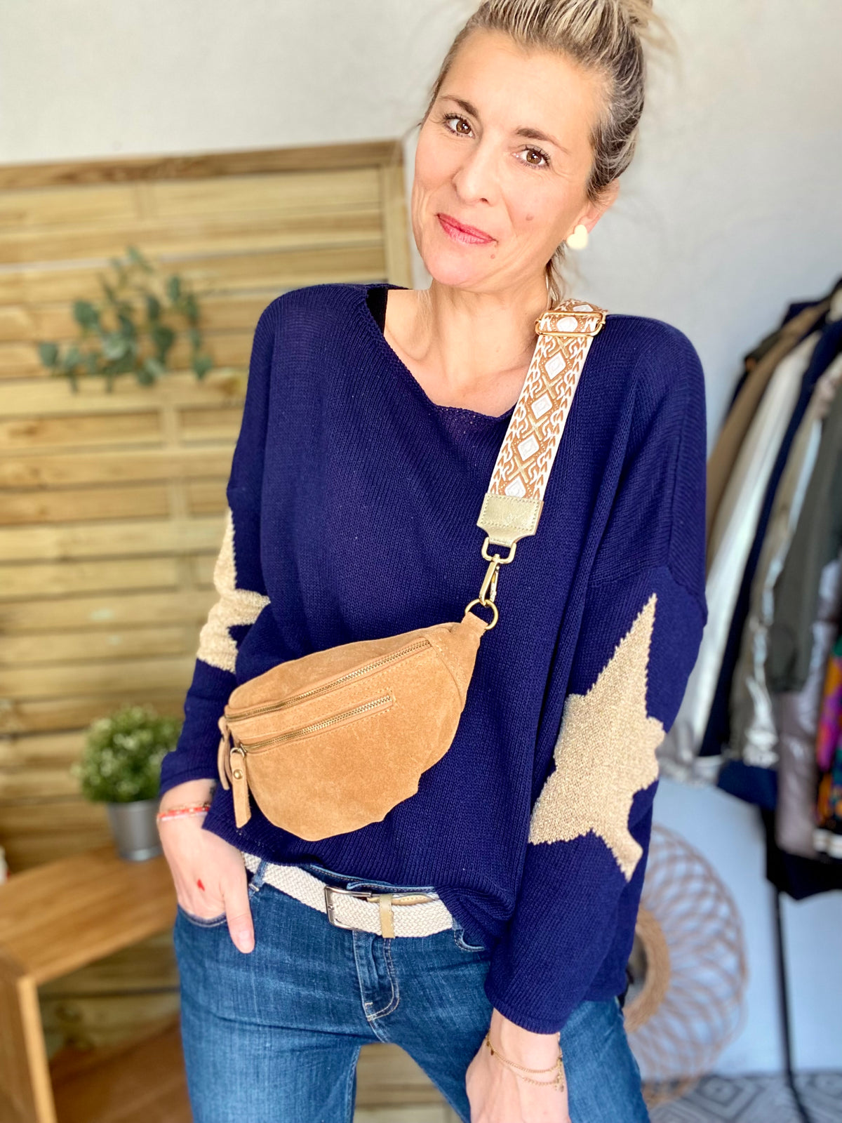 Sac banane double poche en cuir daim - OPALINE - Camel