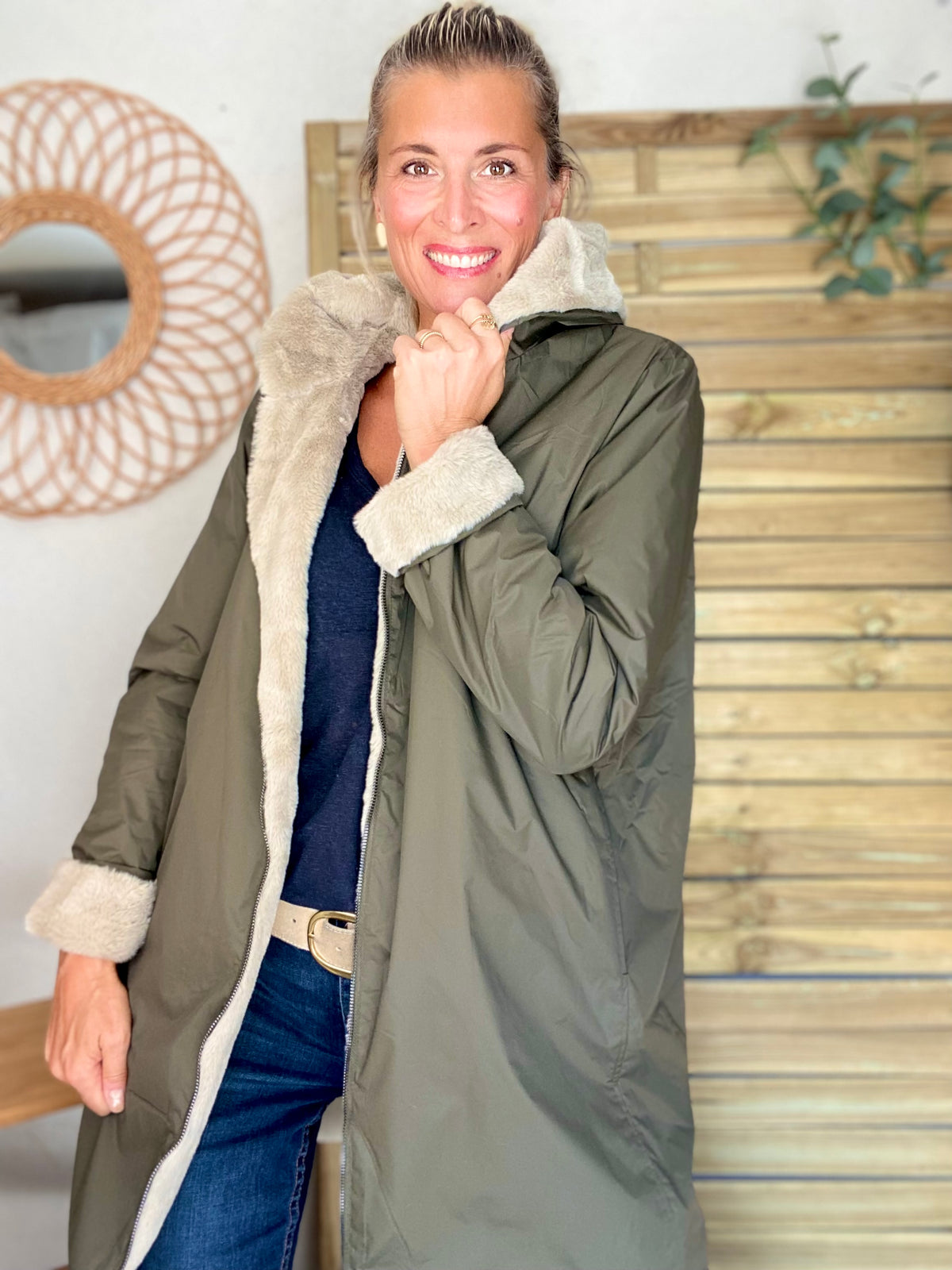 LAURA JO - Parka Imperméable réversible fourrée Kaki / Beige ALIX Long