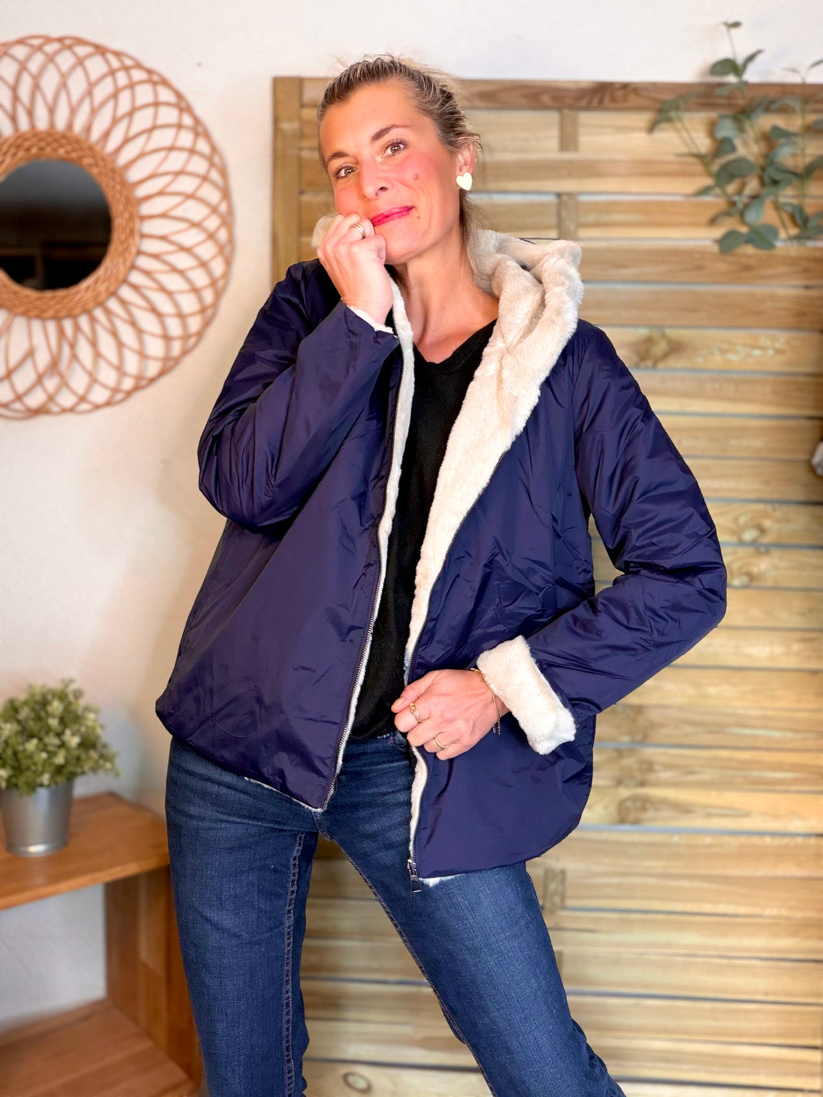 LAURA JO - Parka Imperméable réversible fourrée Marine / Beige ALIX Court • DÉSTOCKAGE