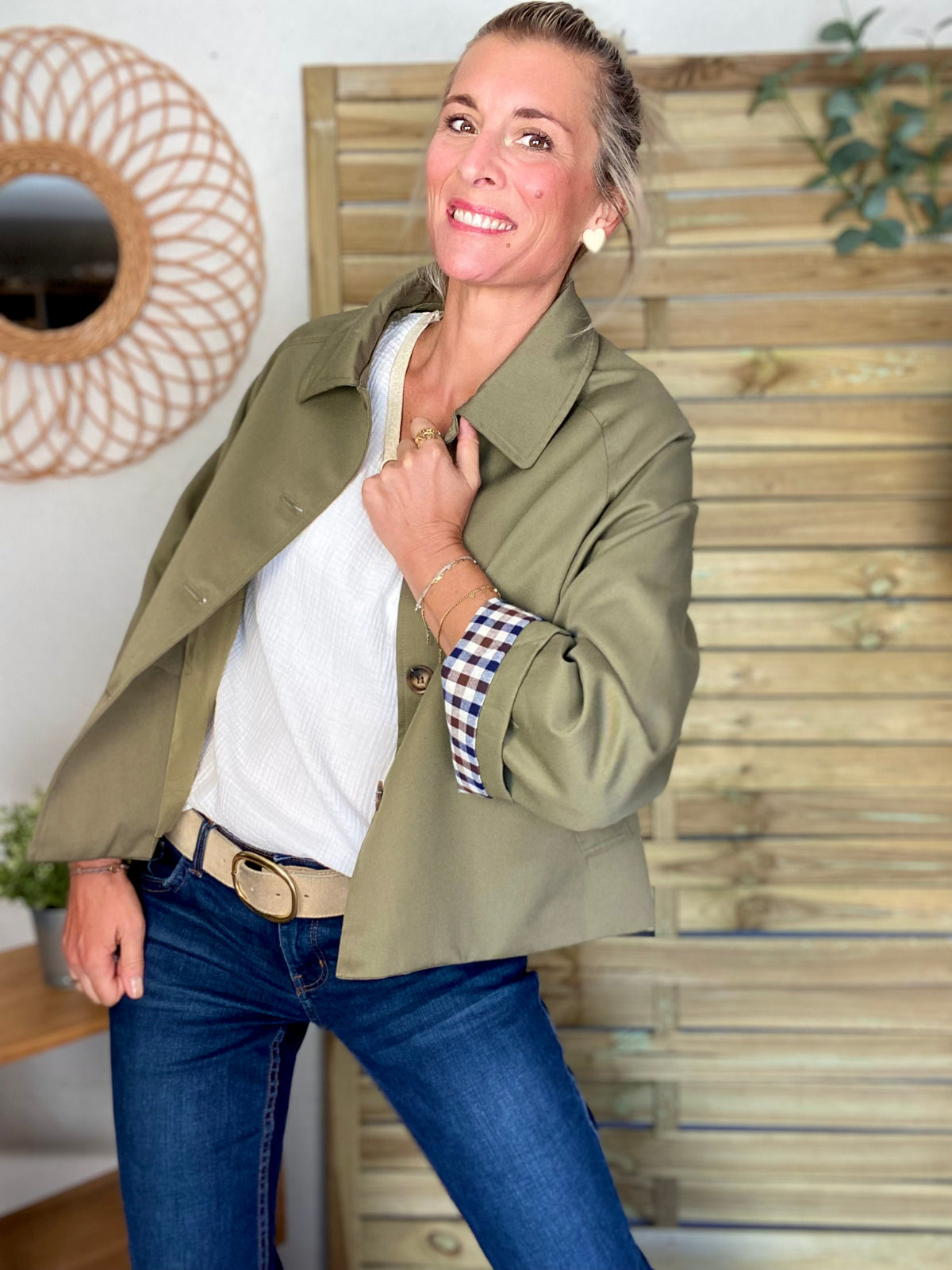 Veste Trench en coton, revers carreaux - YSEULT court Kaki