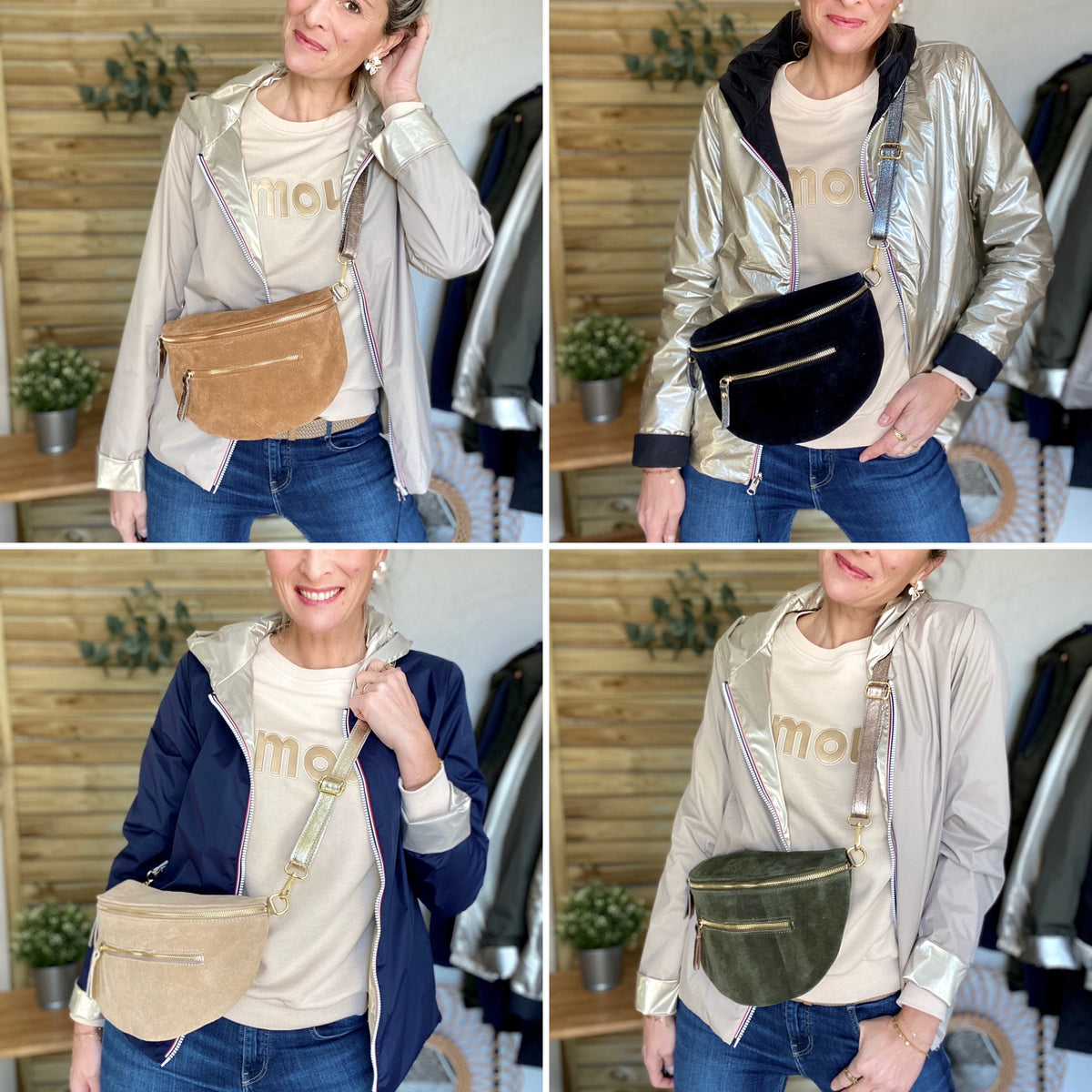 Sac banane XL 2 zips en cuir velours et irisé 30cm TERRY - Noir