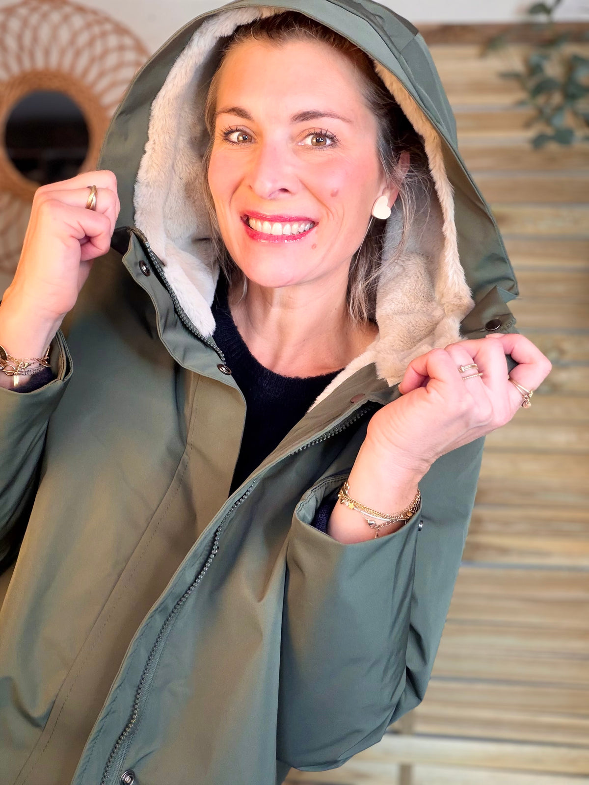 LAURA JO - Parka fourrée imperméable AMBRE LONG - Kaki / Beige