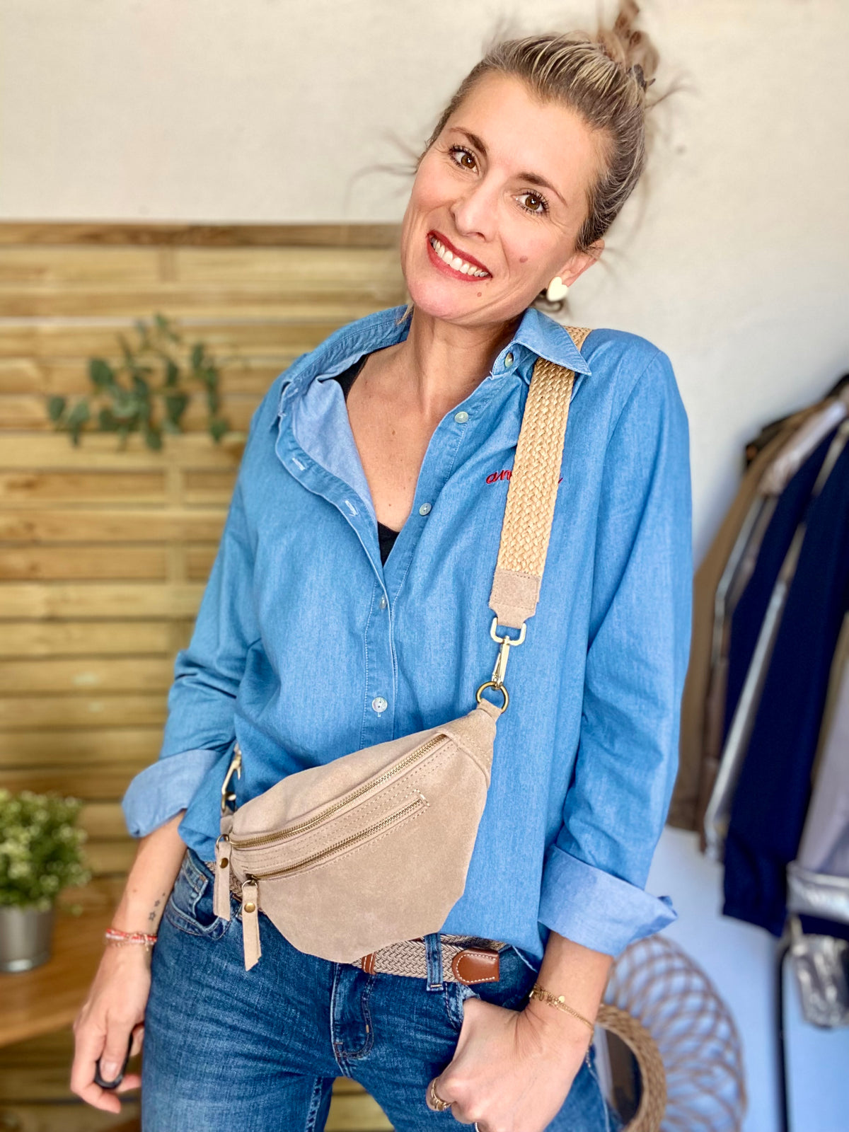 Sac banane double poche en cuir daim - OPALINE - Beige