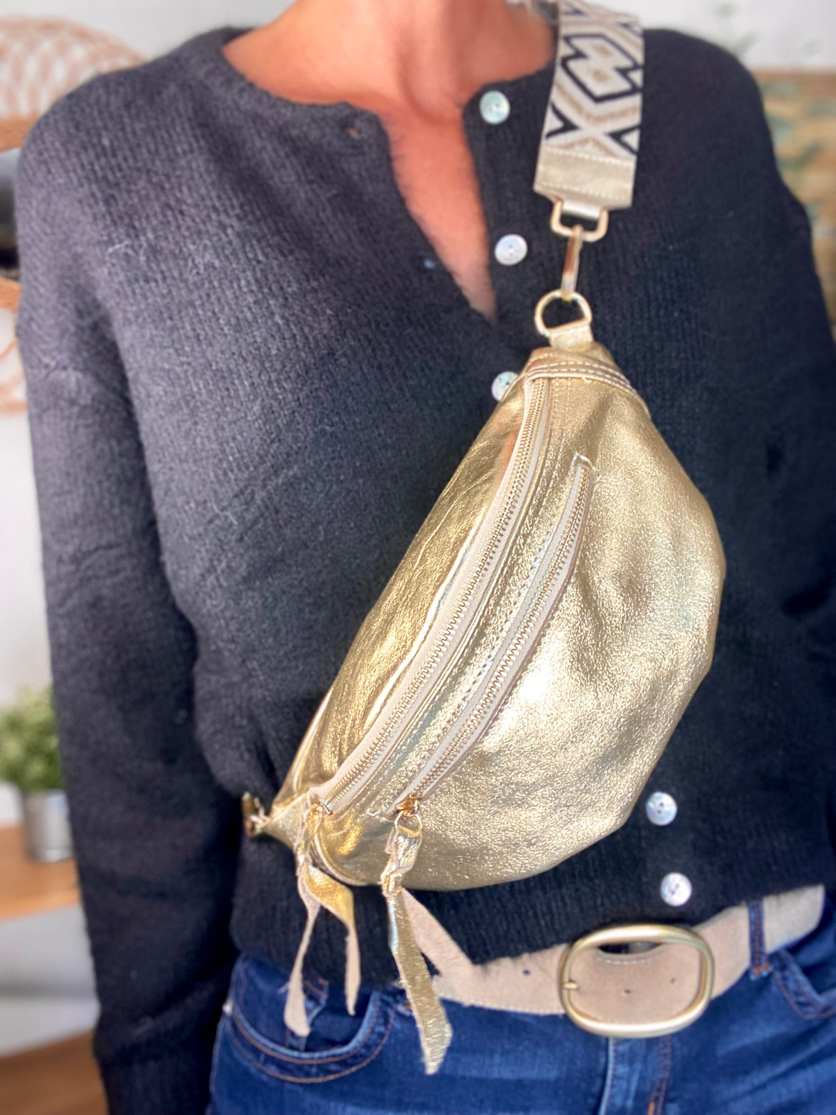 Sac banane en cuir irisé double poche - OPALE - Doré / doré