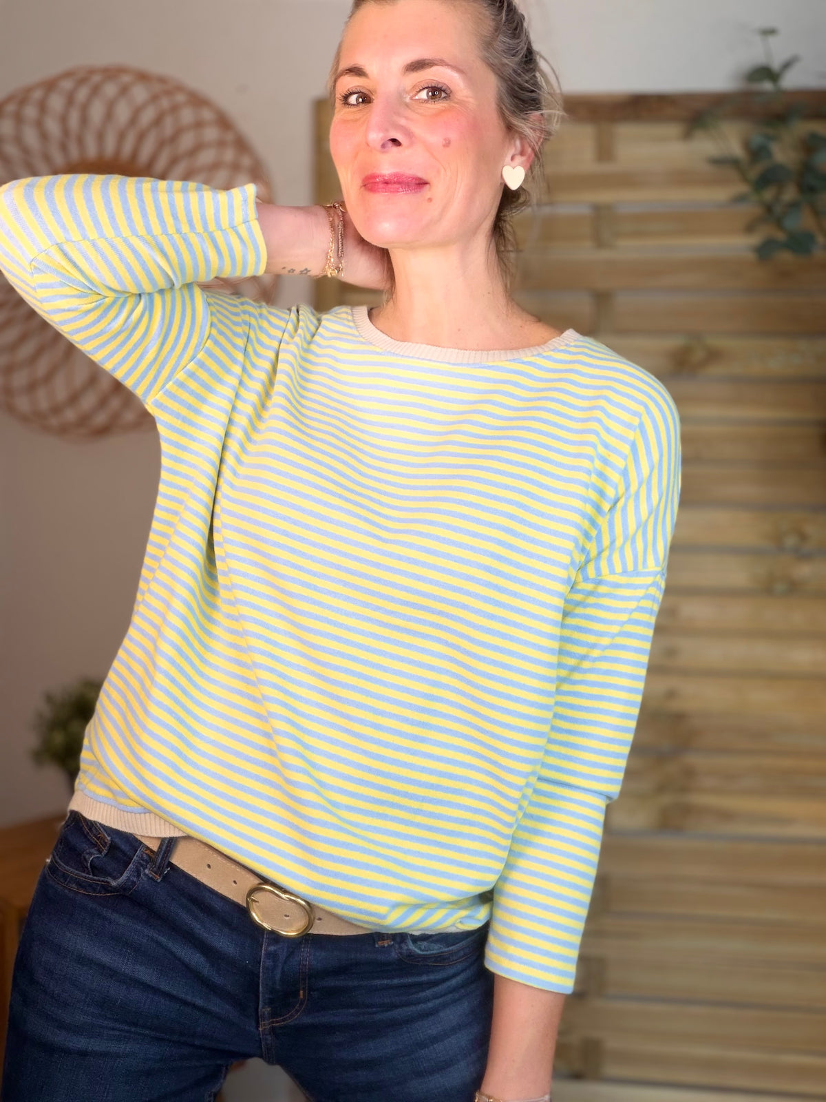 Pull fin rayé ample ROMANE - Bleu/Jaune - FIN DE SÉRIE
