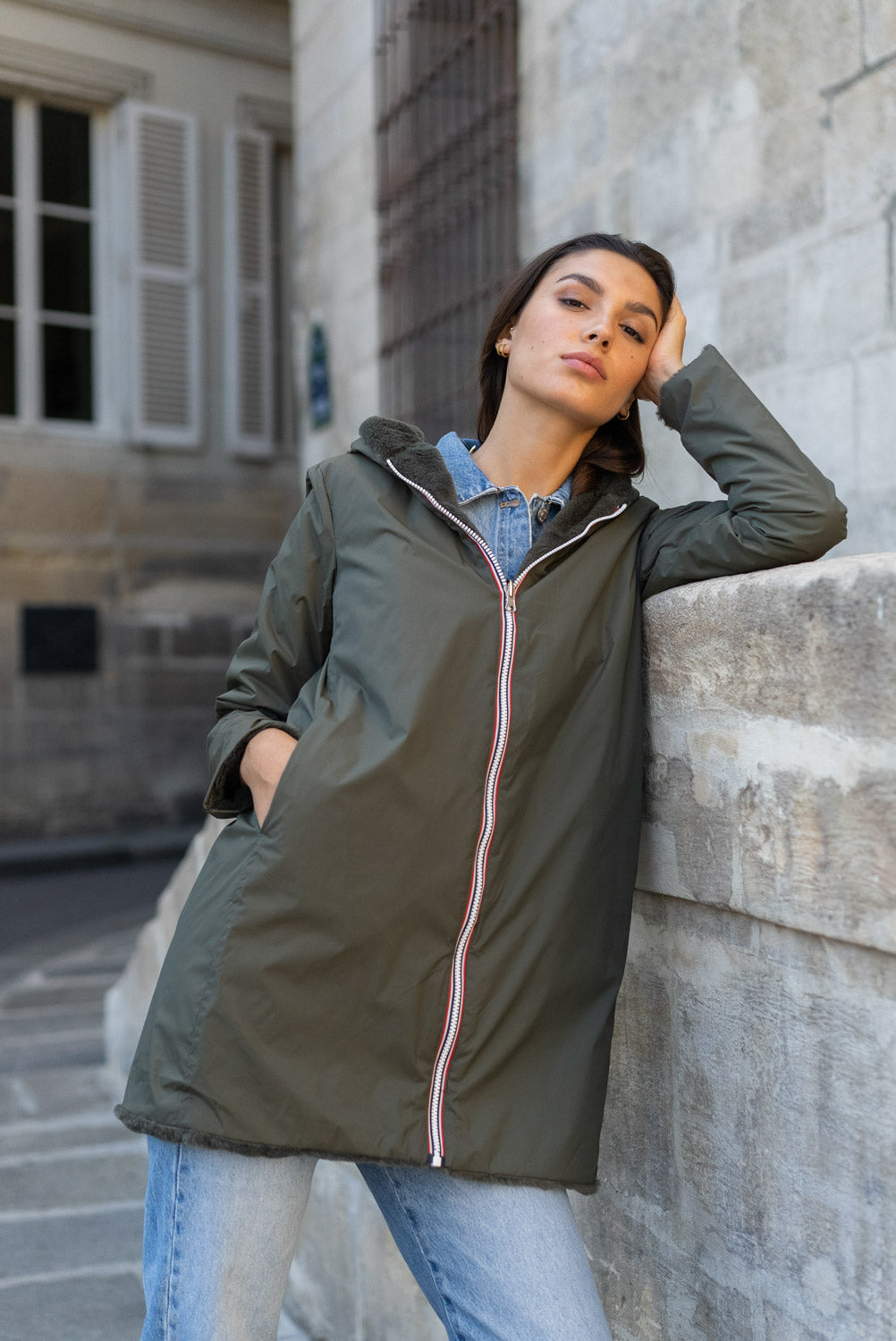 LAURA JO - Parka Imperméable réversible fourrée Kaki / Kaki ALIX Long • DÉSTOCKAGE sur Taille S