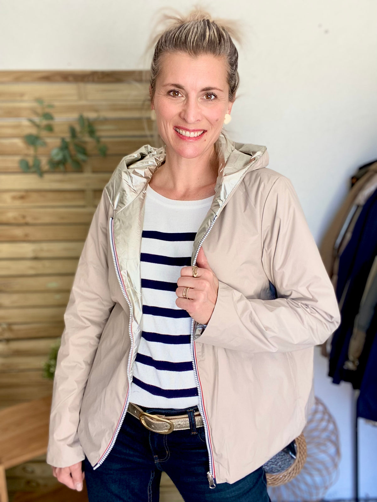 LAURA JO - Imperméable réversible rembourré LOUISON COURT - Beige / Doré • DÉSTOCKAGE sur Taille XL