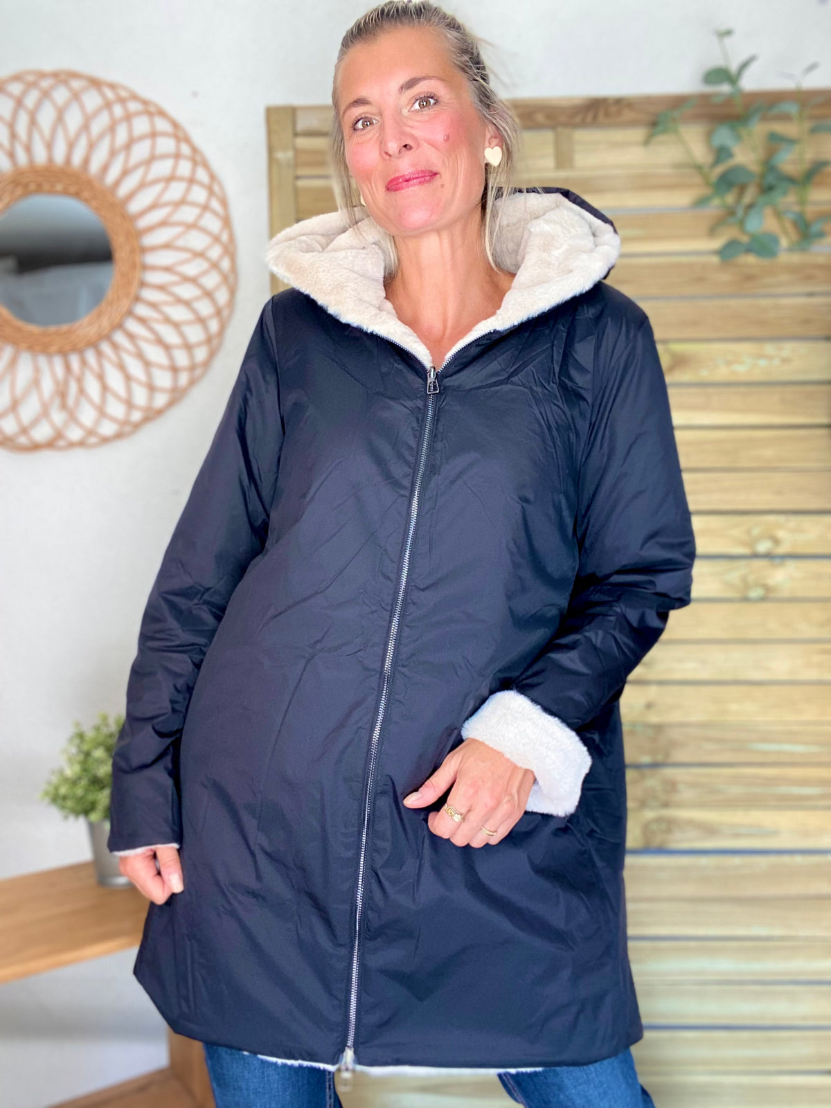 LAURA JO - Parka Imperméable réversible fourrée Noir / Beige ALIX long