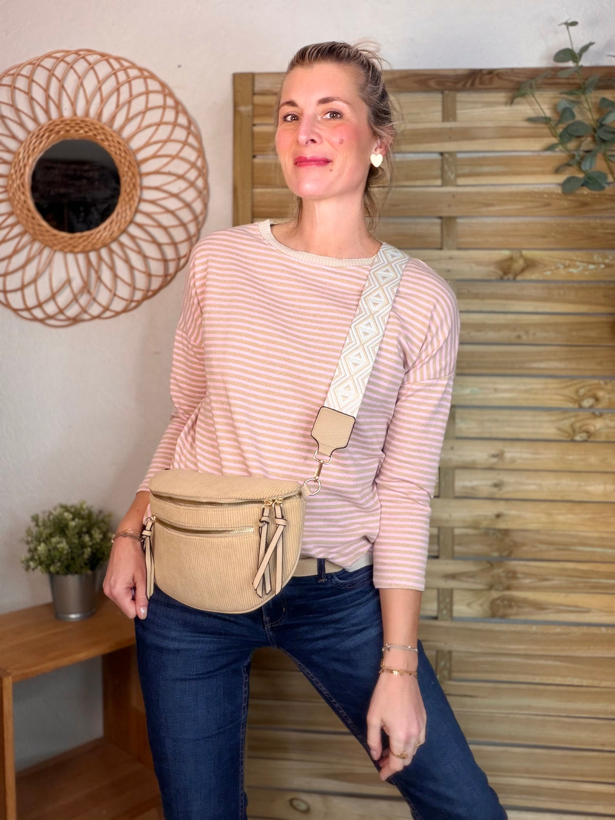 Sac banane en velours côtelé, sangle fantaisie - KATY - Camel clair - FIN DE SÉRIE