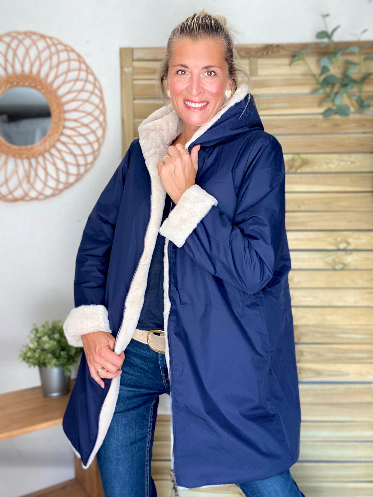 LAURA JO - Parka Imperméable réversible fourrée Bleu marine / Beige ALIX Long