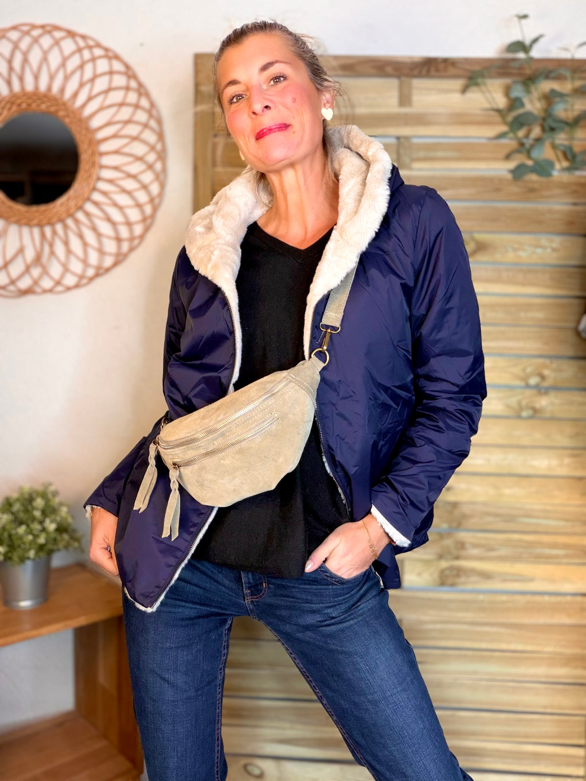 LAURA JO - Parka Imperméable réversible fourrée Marine / Beige ALIX Court • DÉSTOCKAGE