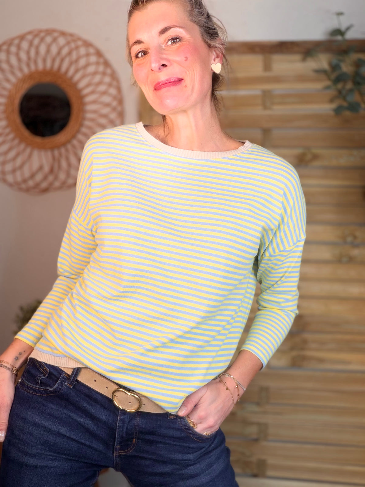 Pull fin rayé ample ROMANE - Bleu/Jaune - FIN DE SÉRIE