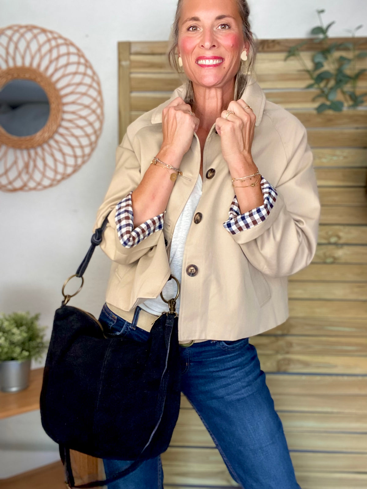 Veste Trench en coton, revers carreaux - YSEULT court Beige
