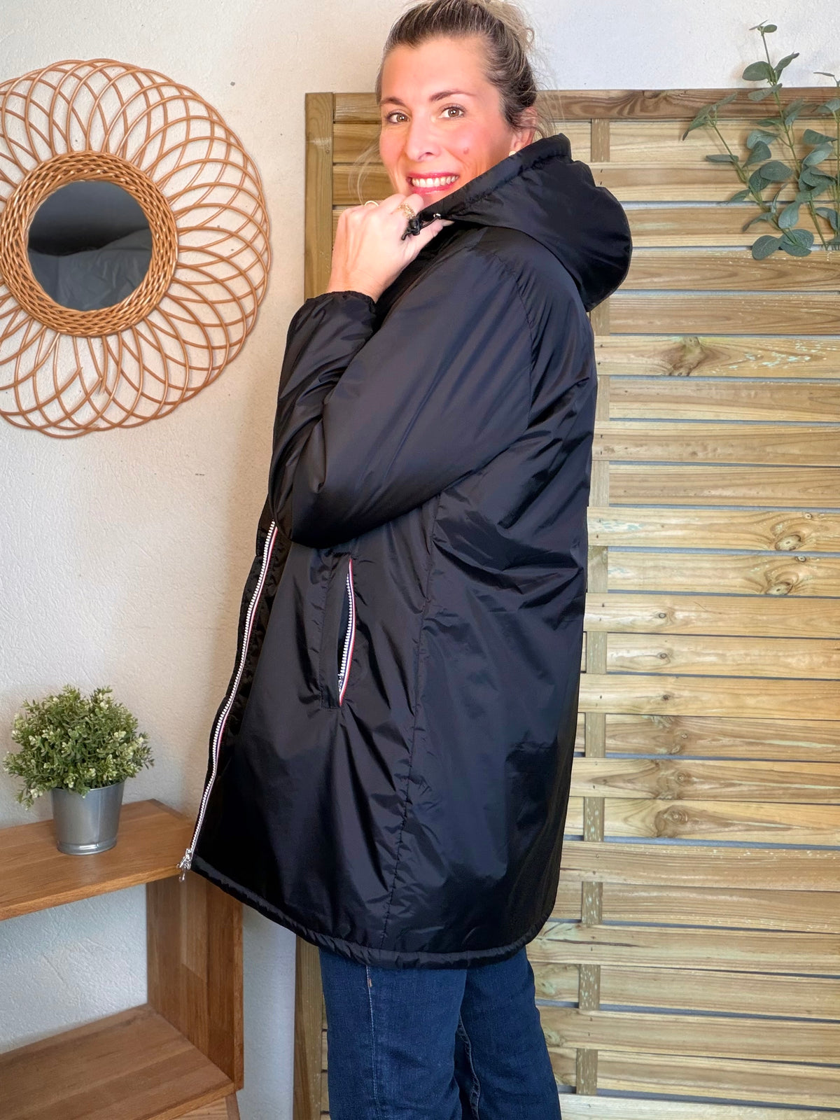 LAURA JO - Parka Imperméable LOUISE LONG Sherpa écru - Noir • DÉSTOCKAGE sur Taille L