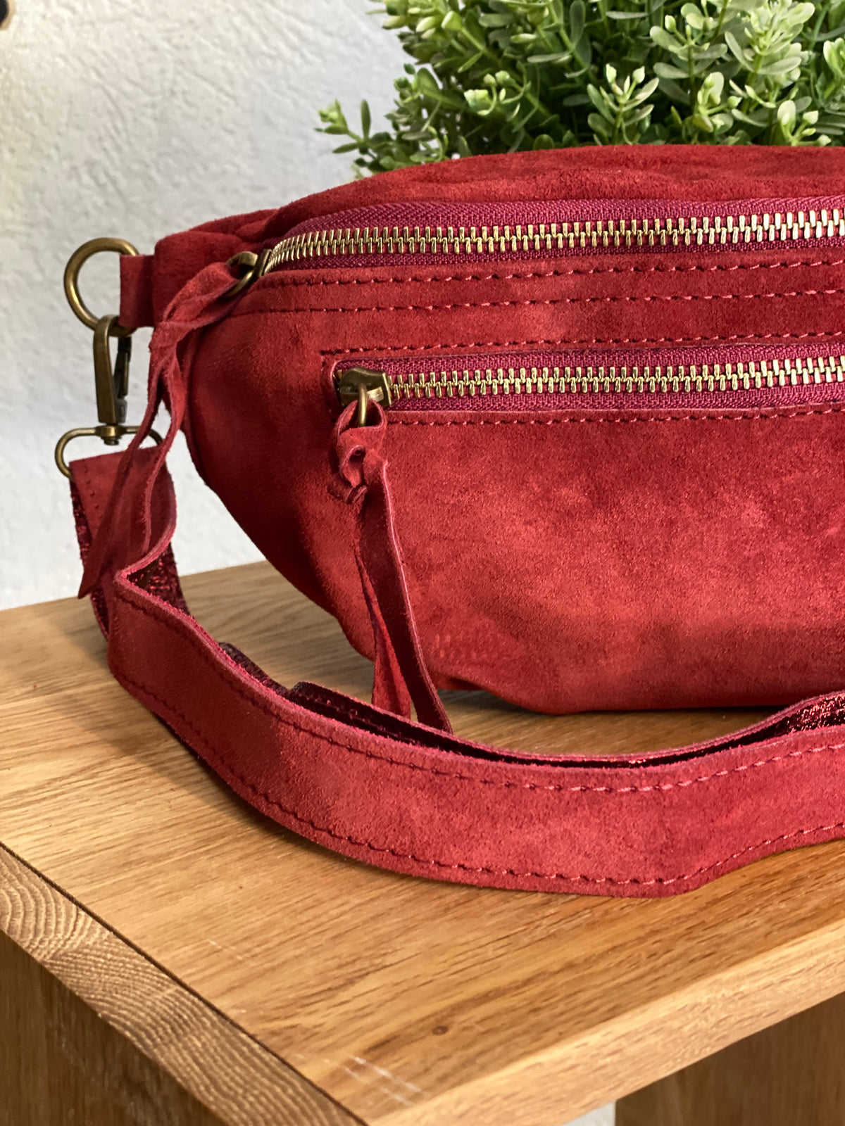 Sac banane double poche en cuir daim - OPALINE - Bordeaux