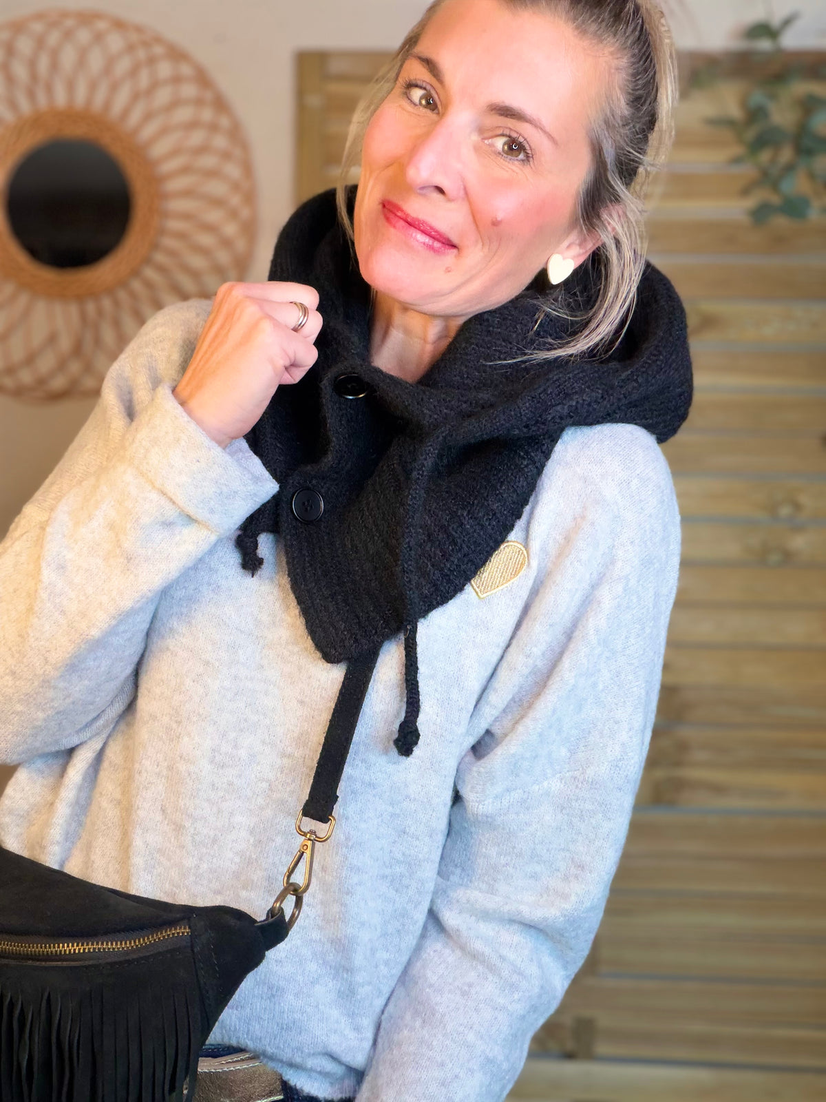 Col cagoule LORIE en maille avec boutons - Noir