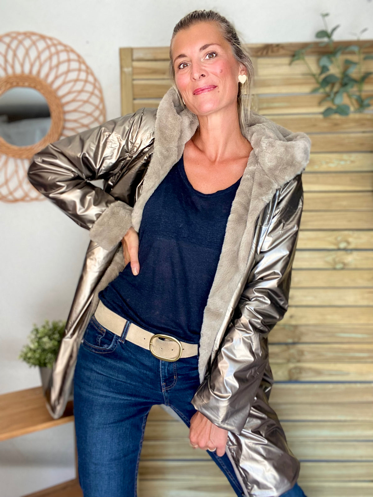 LAURA JO - Parka Imperméable réversible fourrée Bronze / Beige ALIX Long