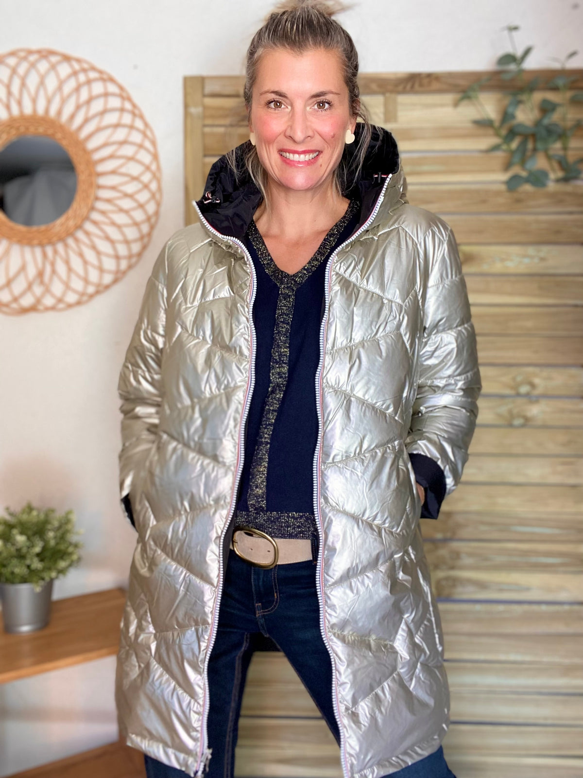 LAURA JO - Doudoune réversible imperméable longue INÈS - Noir / Doré - FIN DE SÉRIE