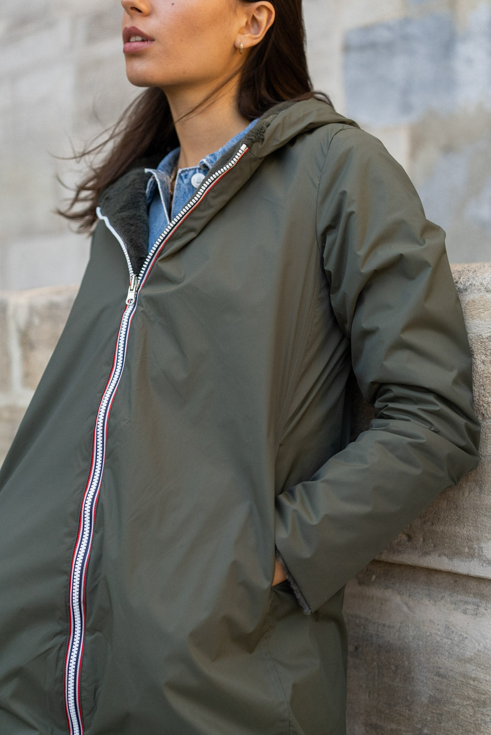 LAURA JO - Parka Imperméable réversible fourrée Kaki / Kaki ALIX Long • DÉSTOCKAGE sur Taille S