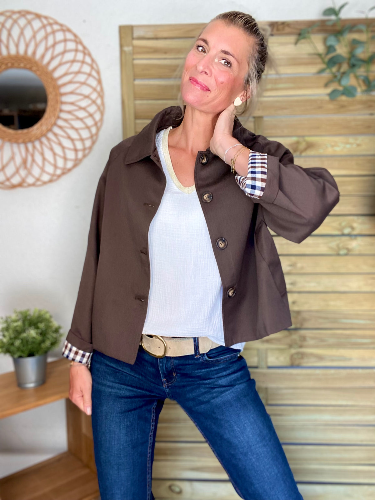 Veste Trench en coton, revers carreaux - YSEULT court Chocolat