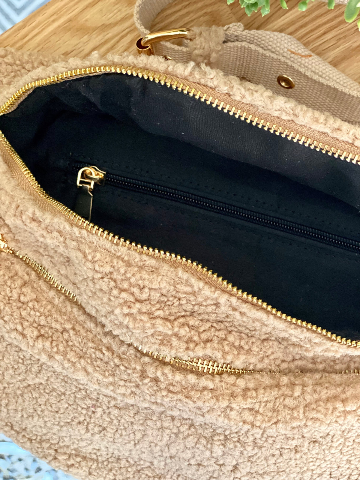 Sac banane XL double poche en moumoute 2 sangles inclues - BILLIE - Beige