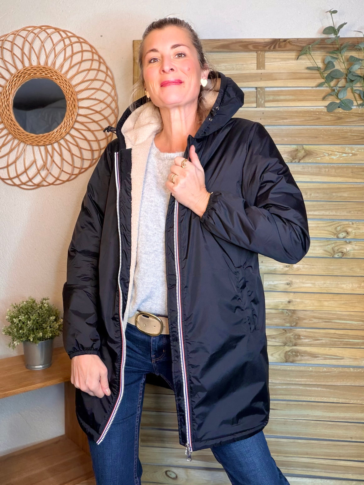 LAURA JO - Parka Imperméable LOUISE LONG Sherpa écru - Noir • DÉSTOCKAGE sur Taille L