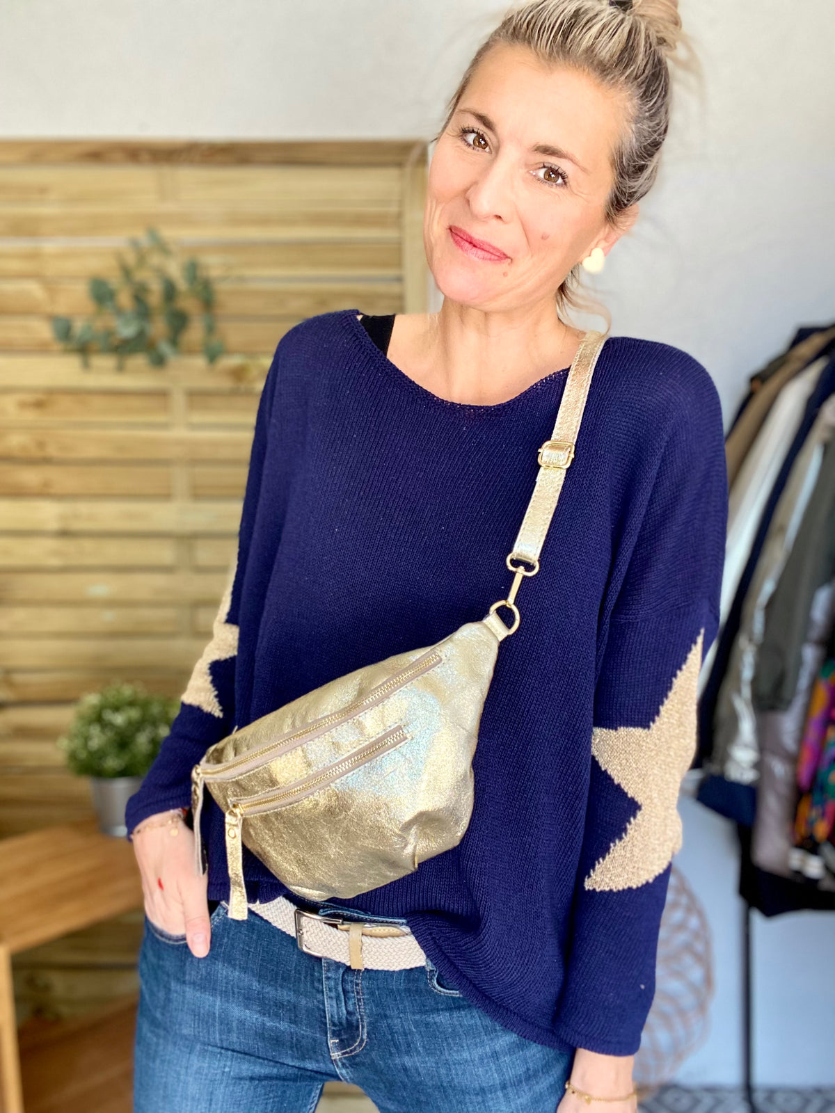Sac banane en cuir irisé double poche - ERYN fronces - Doré