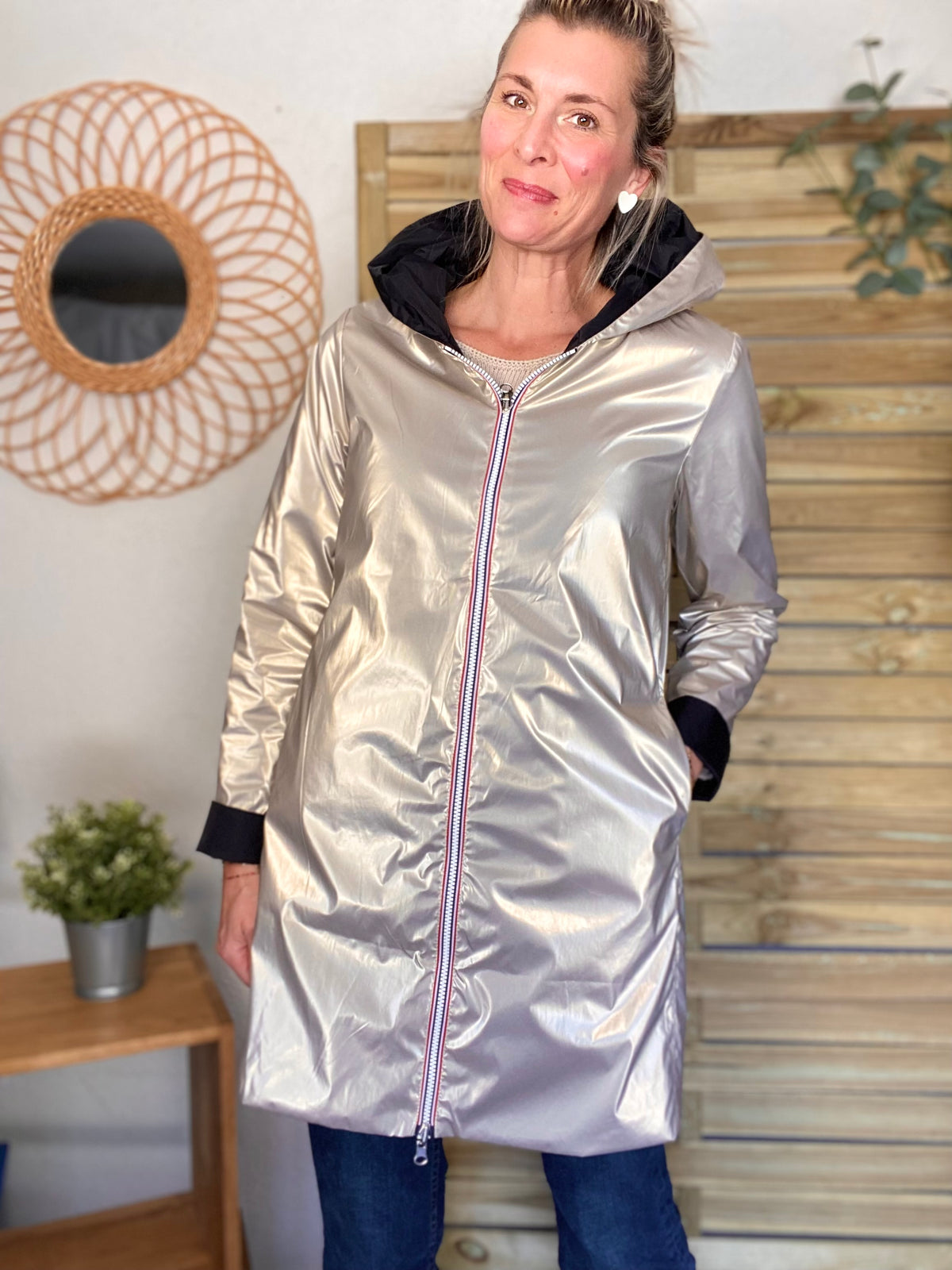 LAURA JO - Imperméable réversible léger GARANCE LONG - Noir/Doré • DESTOCKAGE sur Taille S