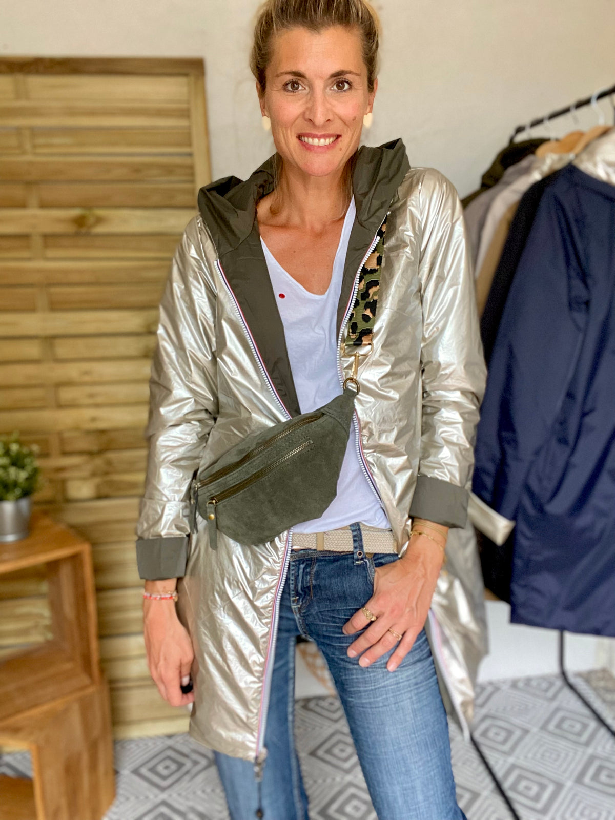 Sac banane double poche en cuir daim - OPALINE - Kaki foncé