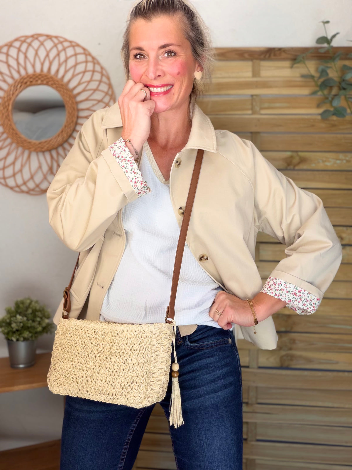 Sac pochette en raphia CORA Beige - FIN DE SÉRIE