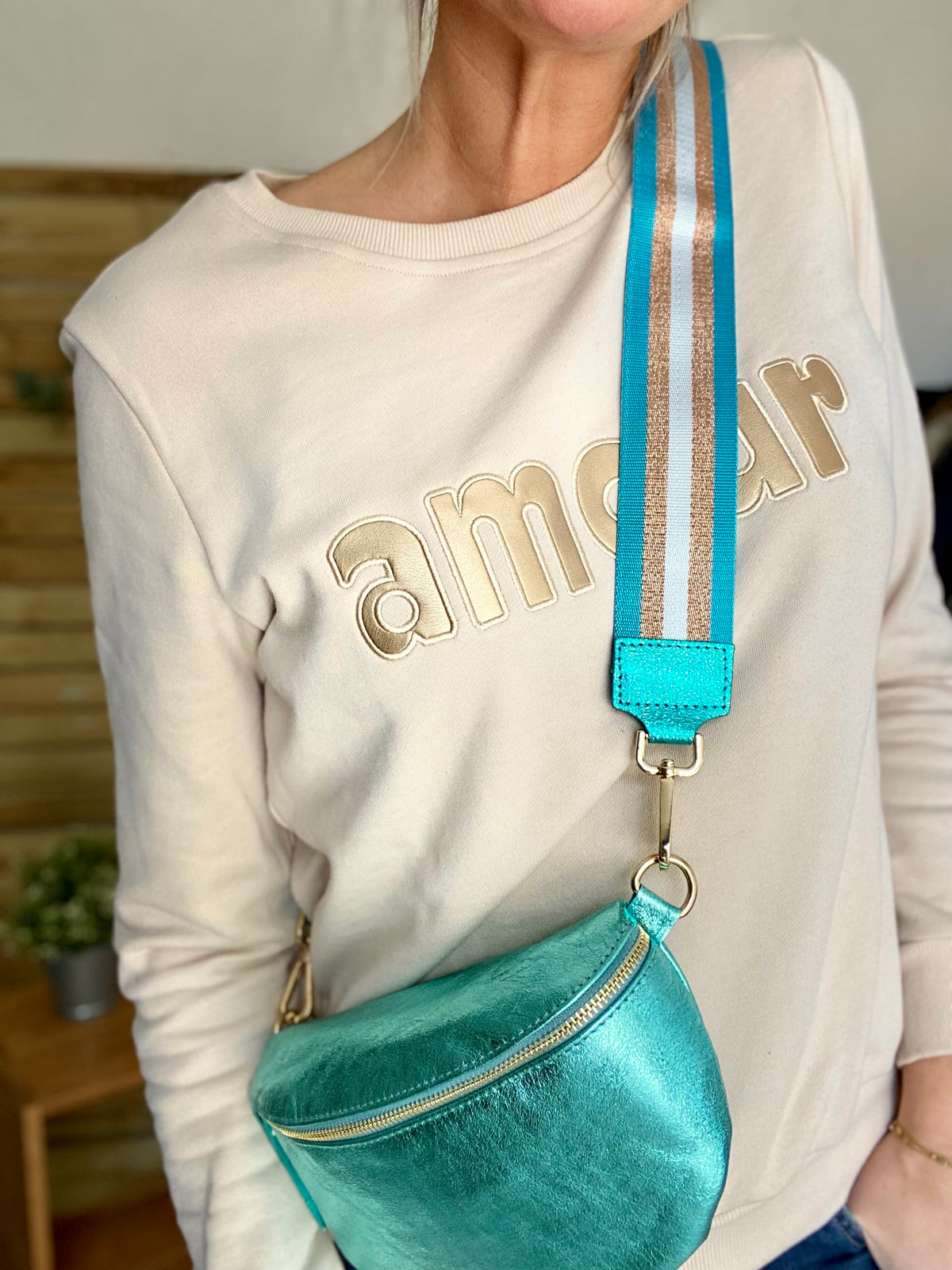 Sangle / Bandoulière rayée avec empiècement cuir irisé - RUBY - FIN DE SÉRIE