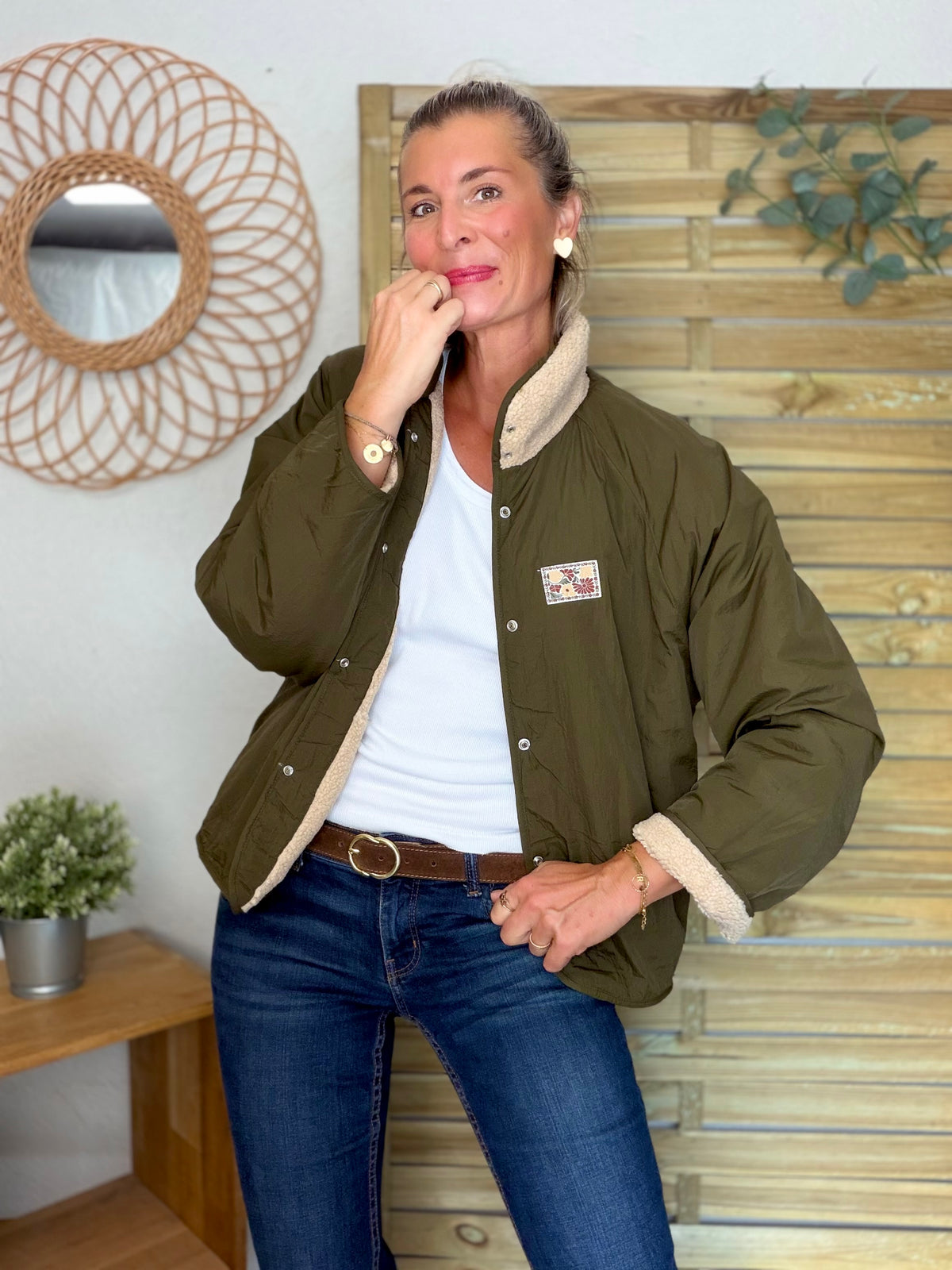 Veste matelassée réversible Sherpa AMÉLIE Kaki / Beige