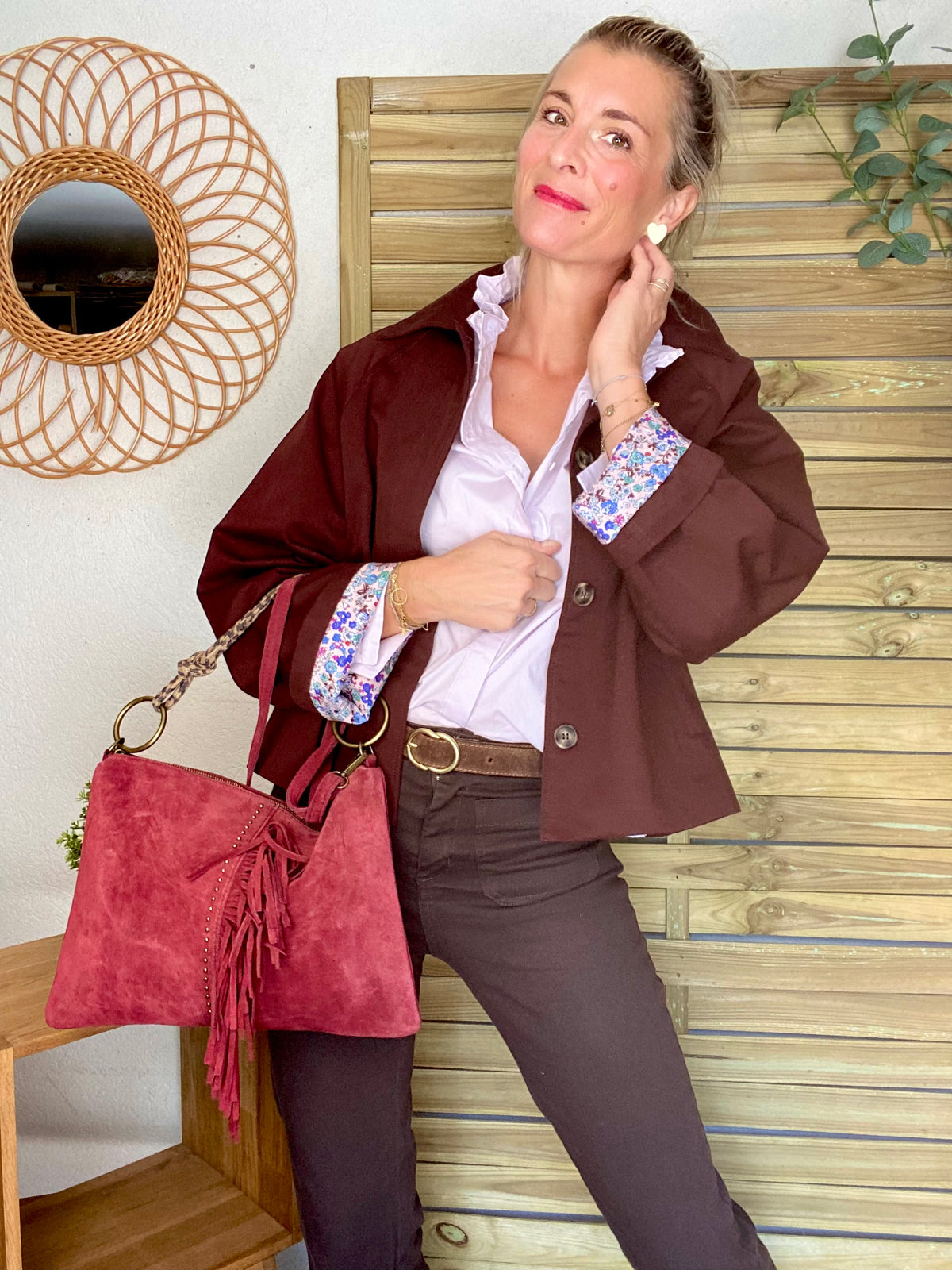 Veste Trench en coton bordeaux foncé avec Liberty - MAHAUT - LILI et LALA - FIN DE SÉRIE