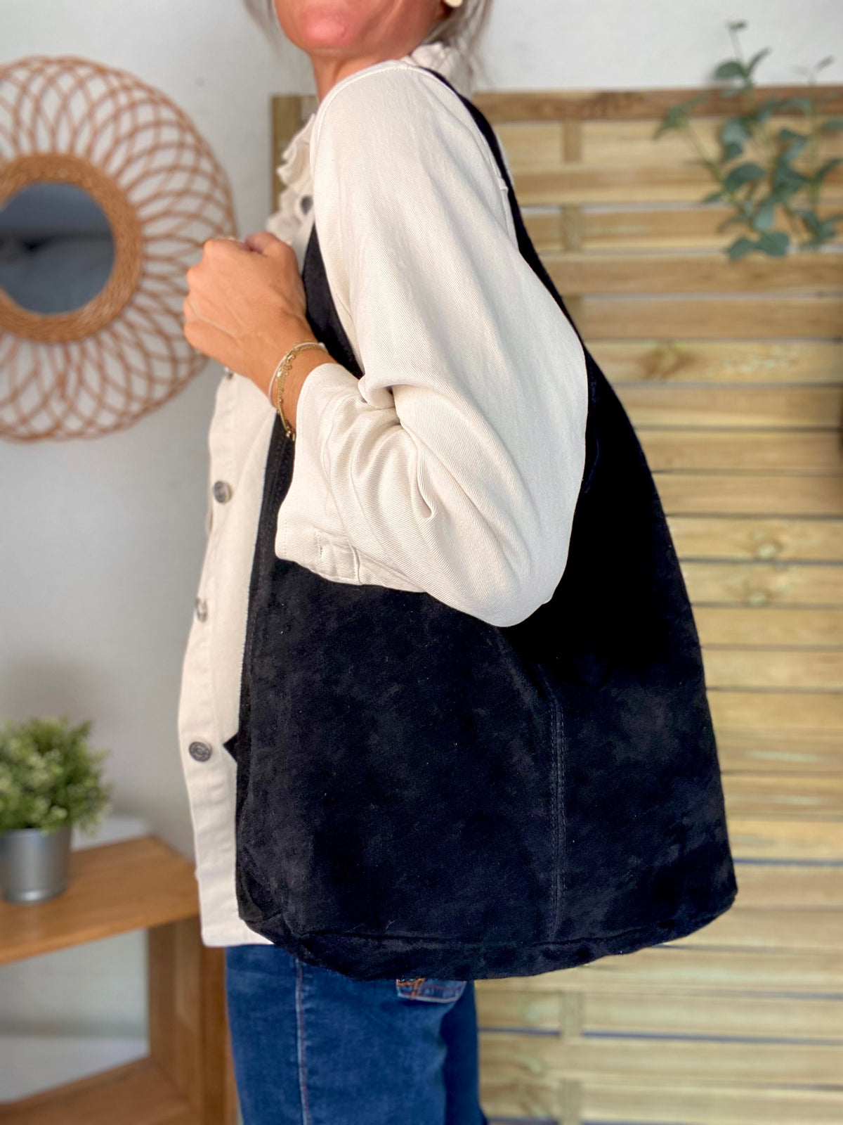 Sac cabas hobo cuir daim MARLON - Noir