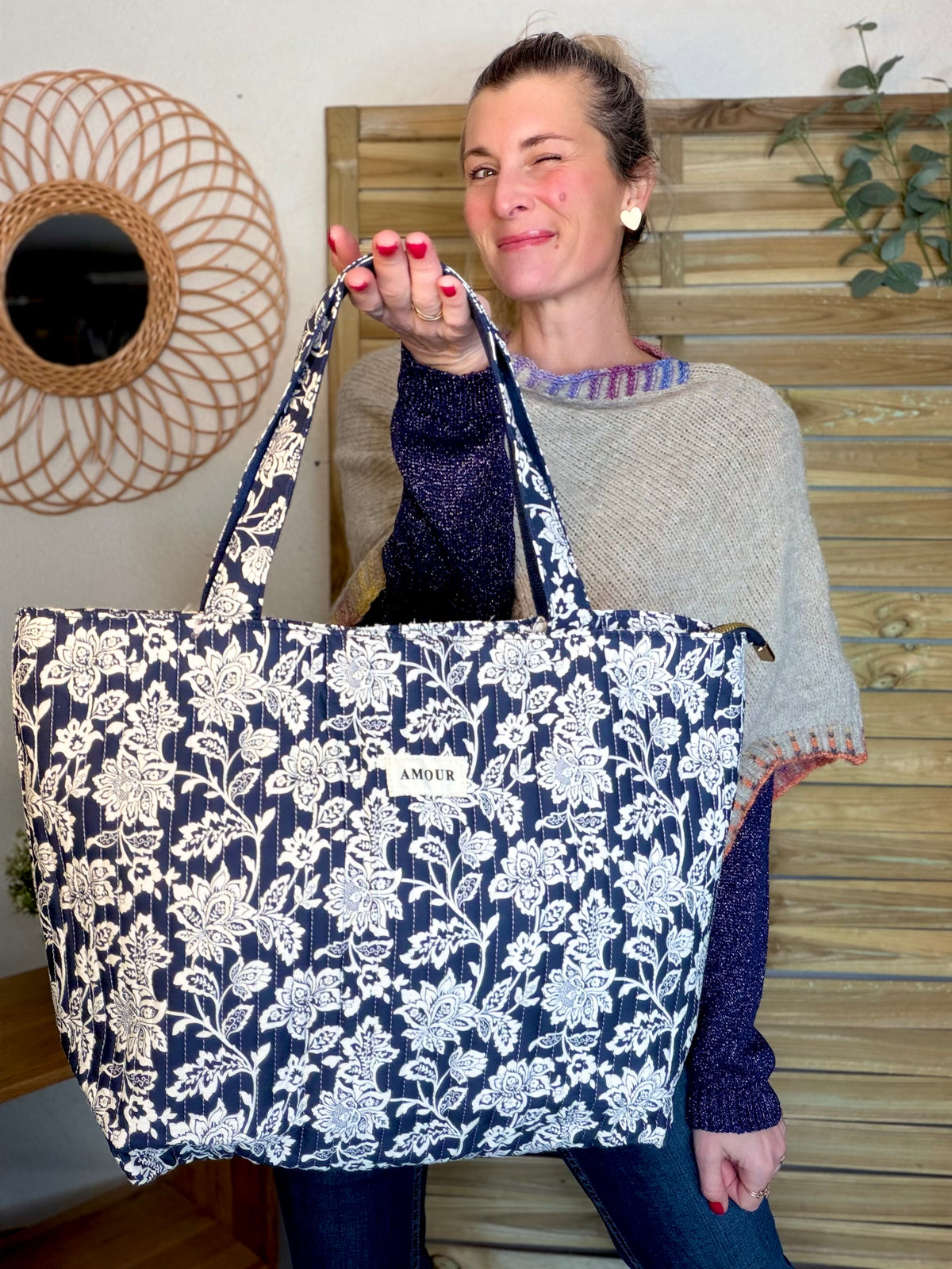 Sac cabas imprimé PIERCE - fleuri marine - FIN DE SÉRIE