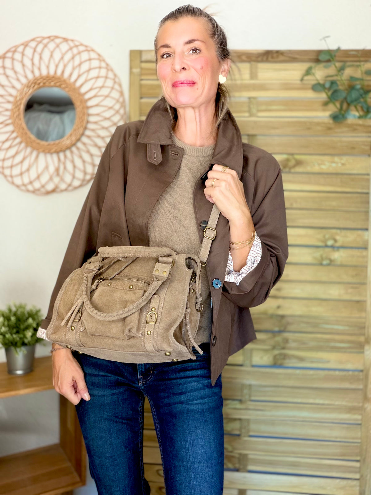 Sac à main en cuir daim • HUNTER Petit format - Taupe