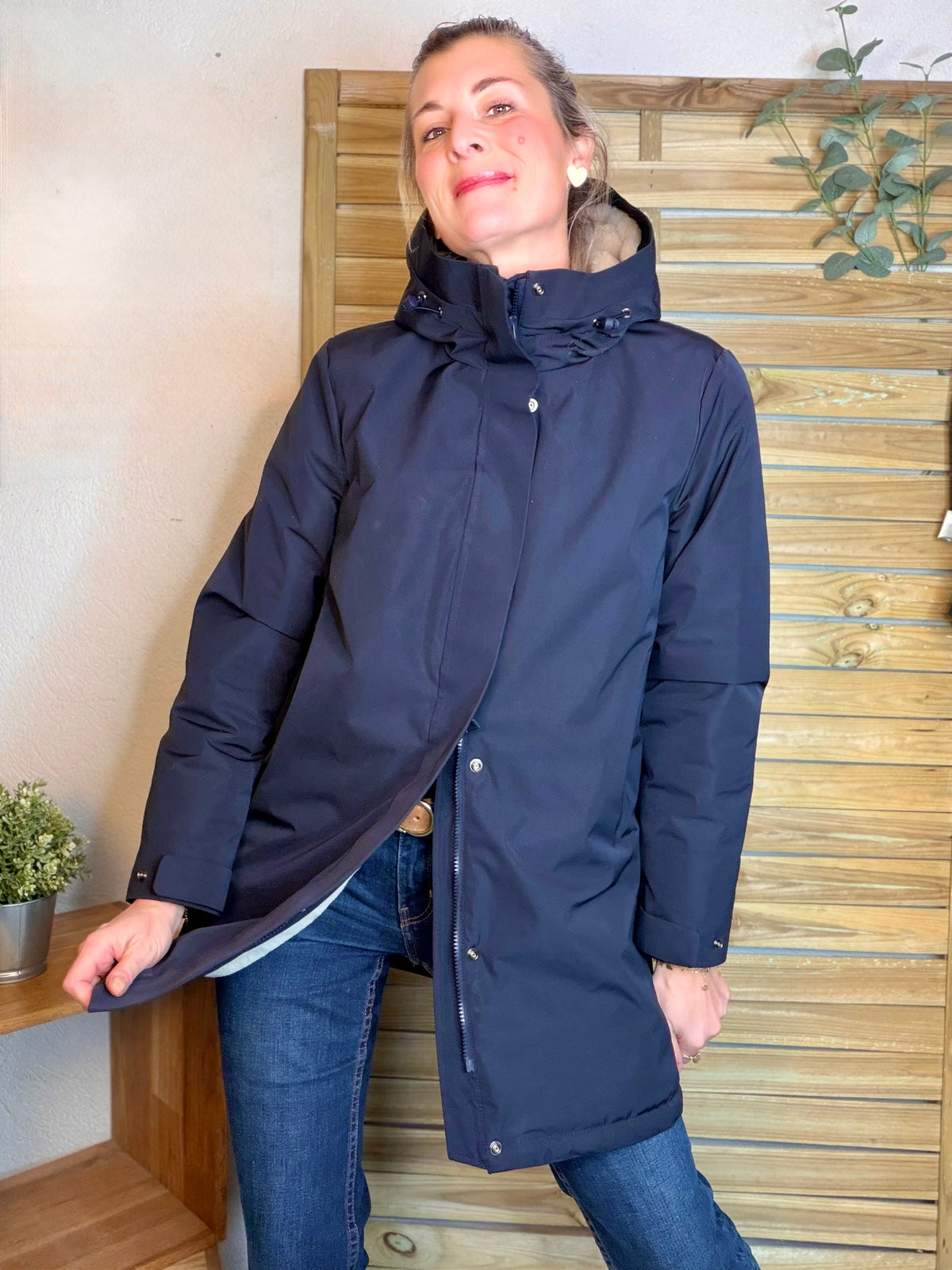 LAURA JO - Parka fourrée imperméable AMBRE LONG - Bleu marine / Beige