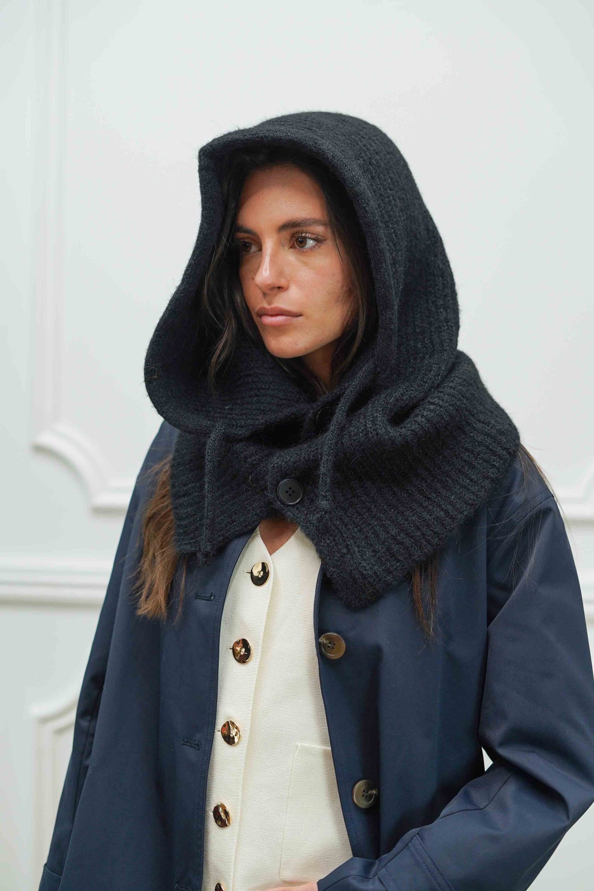 Col cagoule LORIE en maille avec boutons - Noir